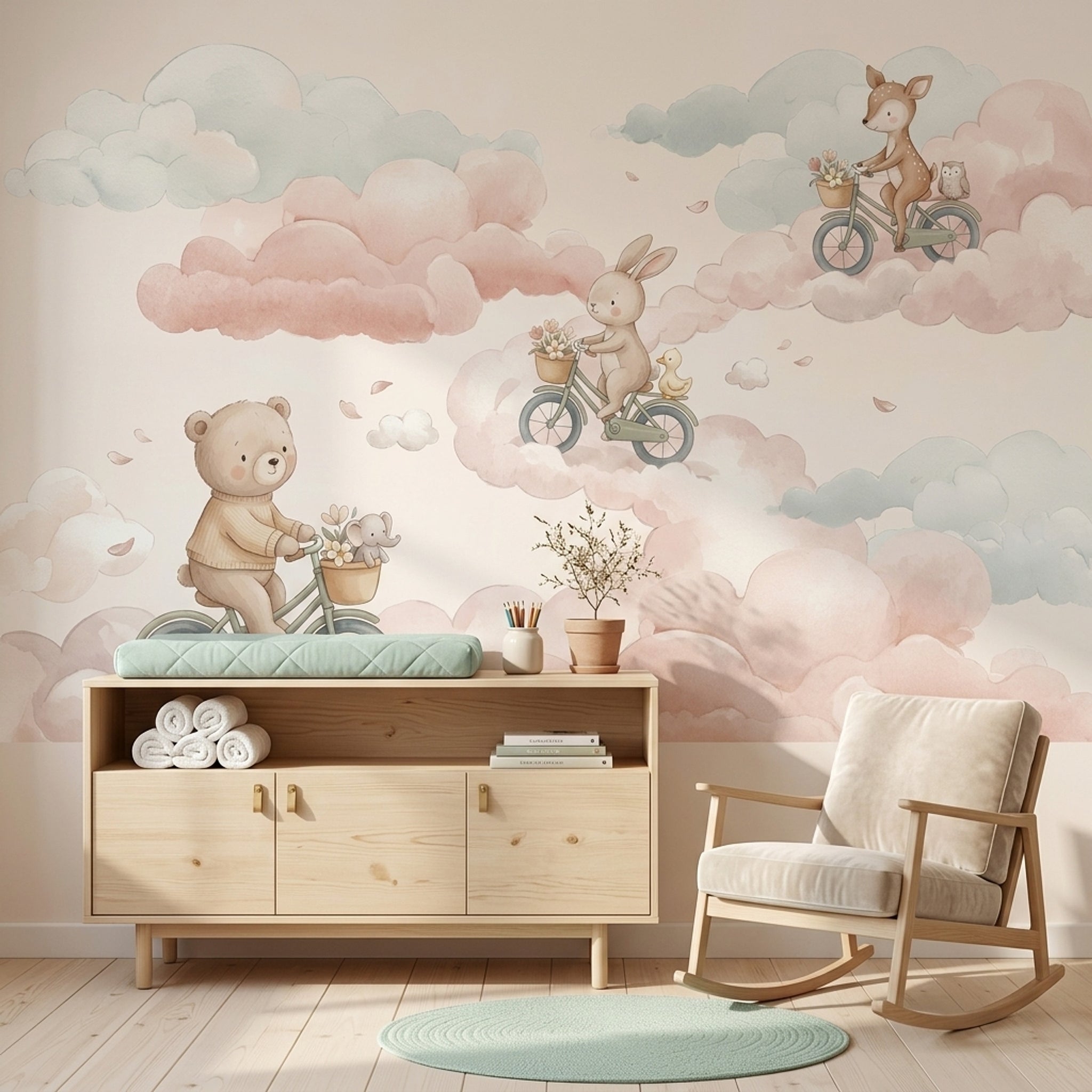 Bulutlarda Bisikletli Hayvanlar Poster Duvar Kağıdı Pastel Çocuk Odası