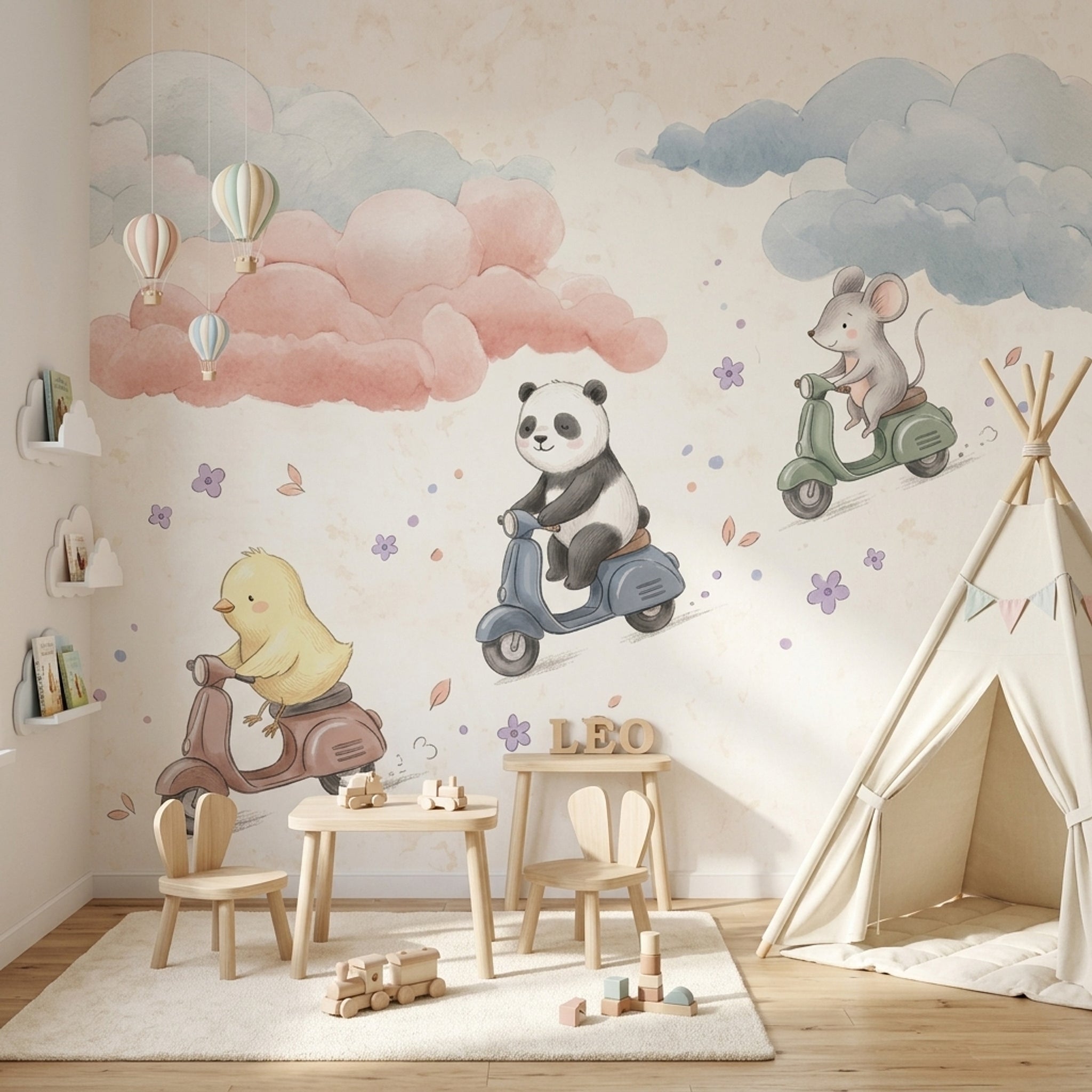 Bulutlu Sevimli Hayvanlı Poster Duvar Kağıdı Pastel Çocuk Odası
