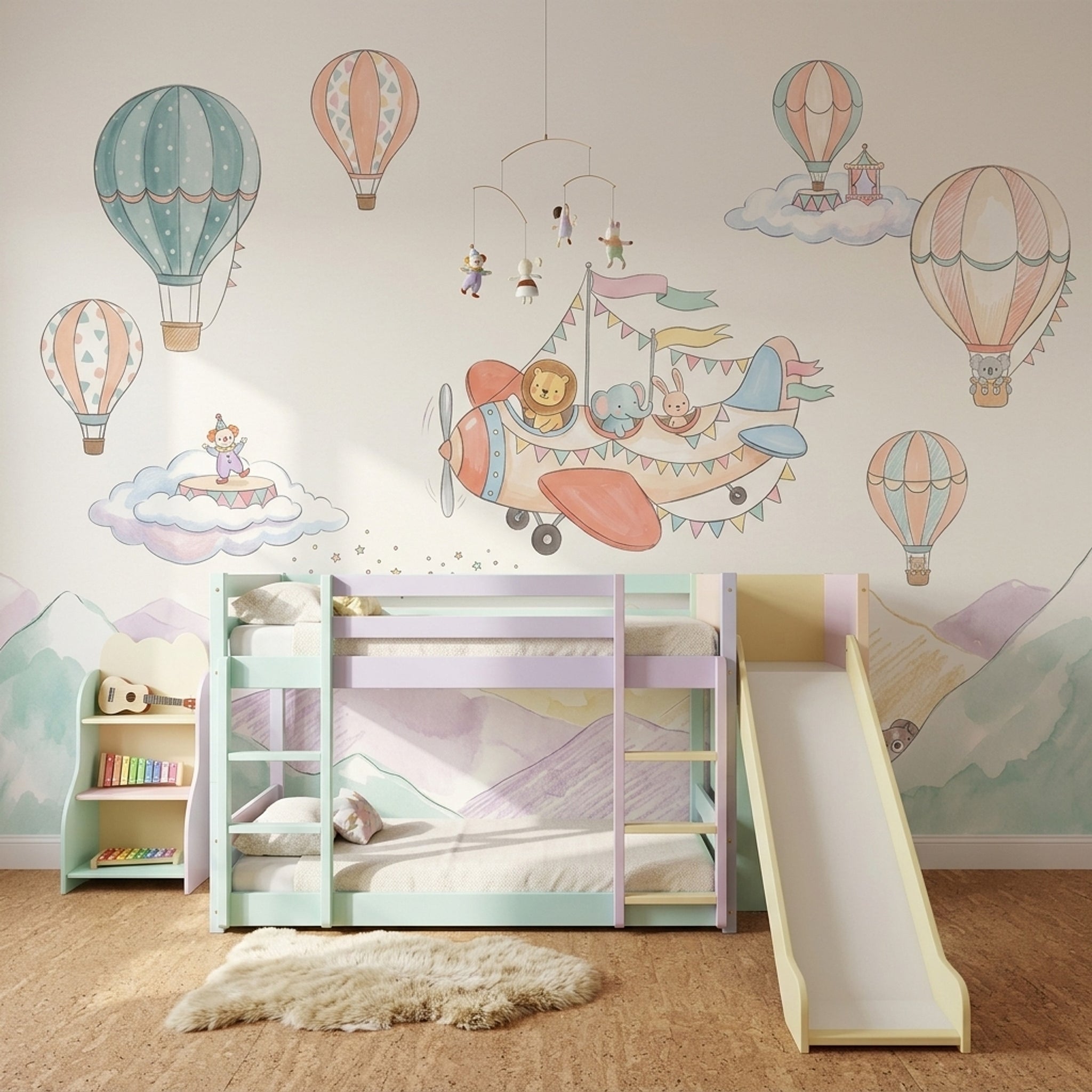 Balonlu Uçaklı Poster Duvar Kağıdı Pastel Bebek Odası