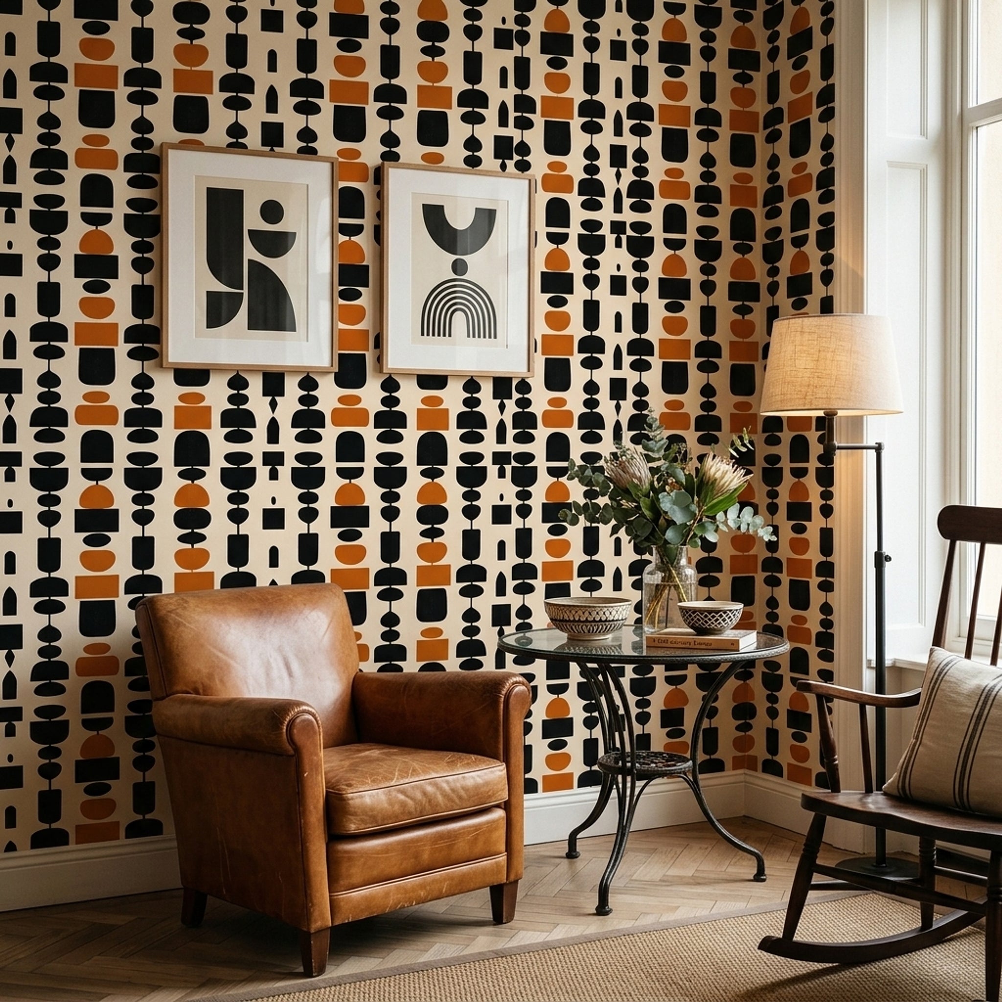 Geometrik Retro Duvar Kağıdı Siyah Kiremit Renk Desenli Salon