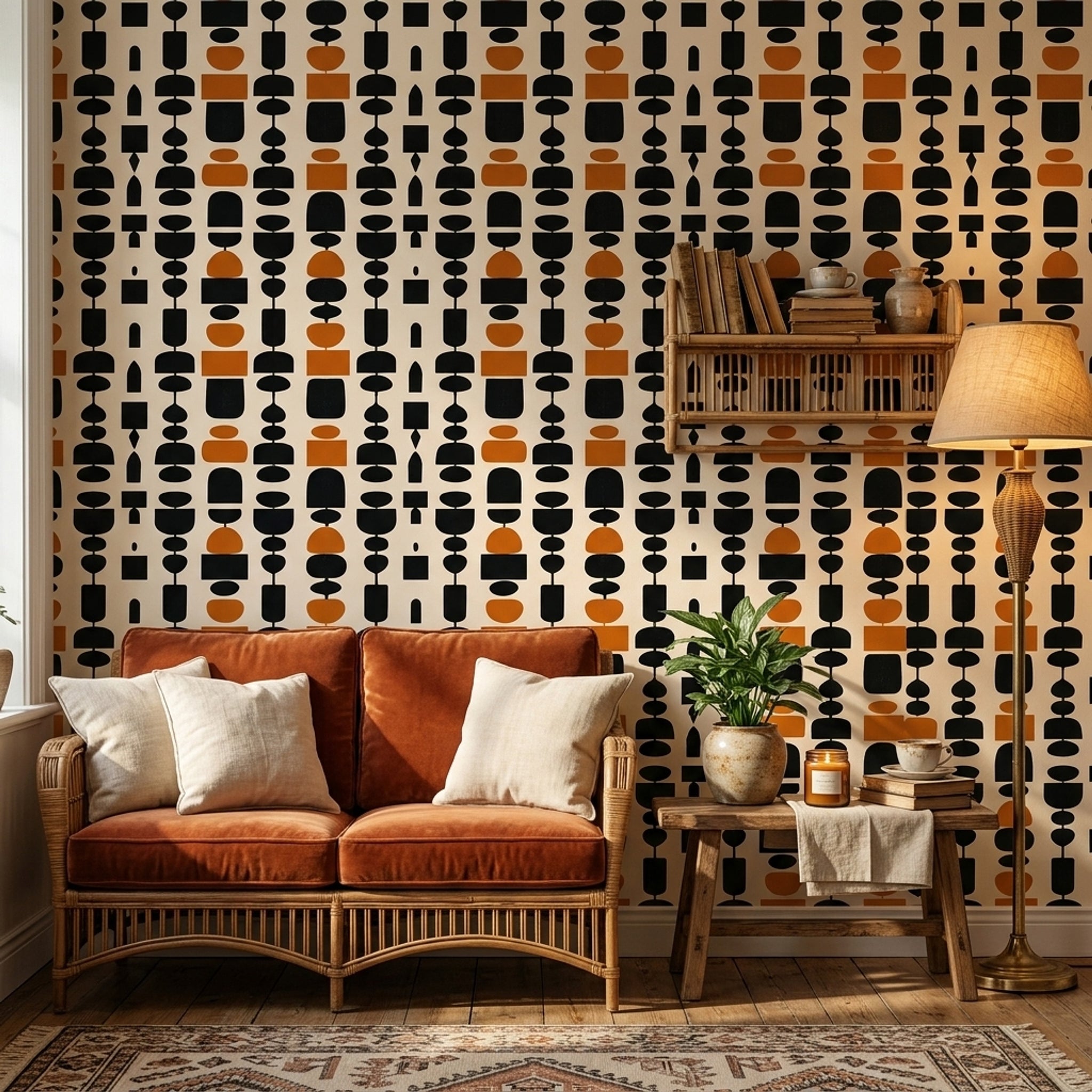 Geometrik Retro Duvar Kağıdı Siyah Kiremit Renk Desenli Salon