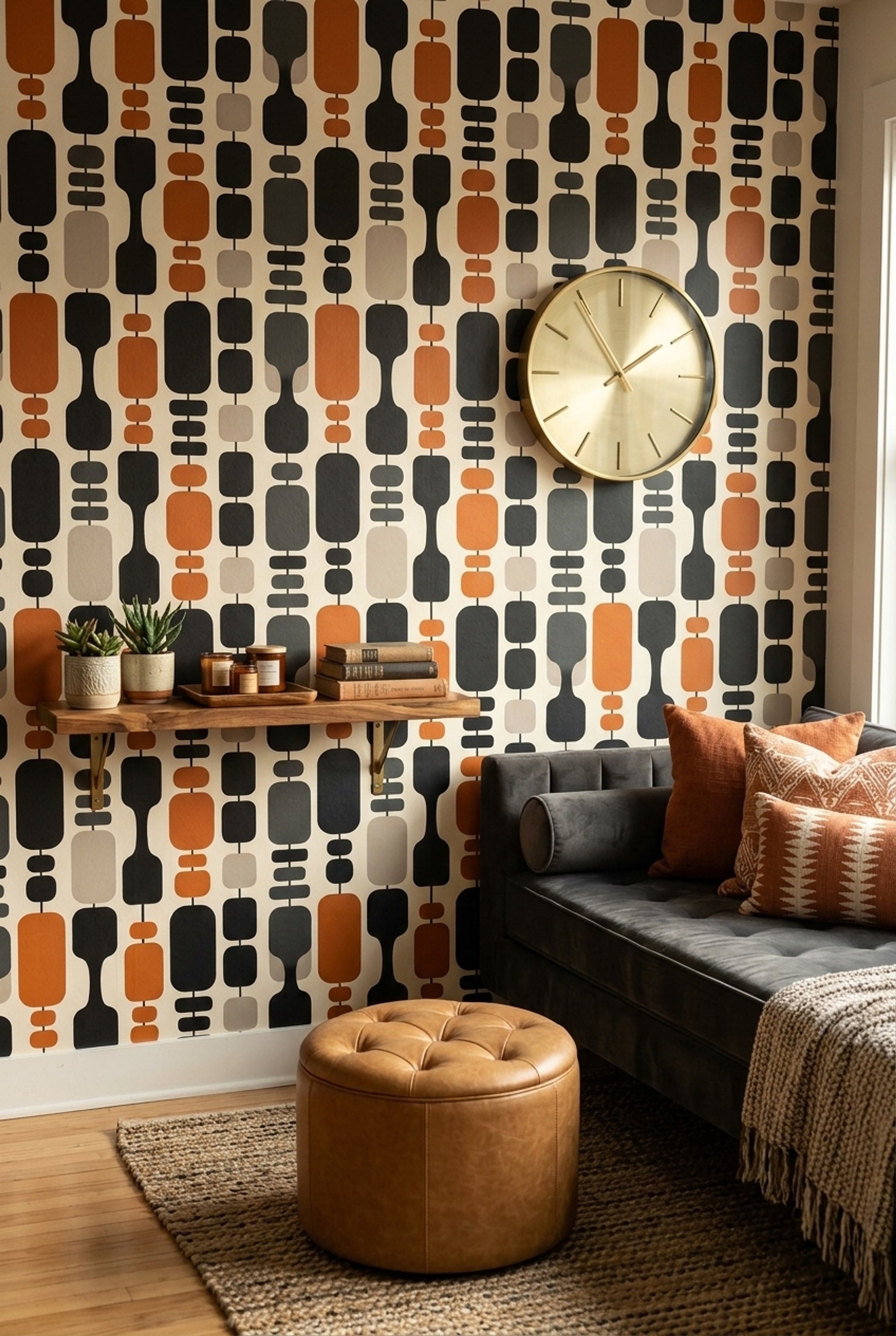 Retro Geometrik Duvar Kağıdı Turuncu Siyah Salon Deseni