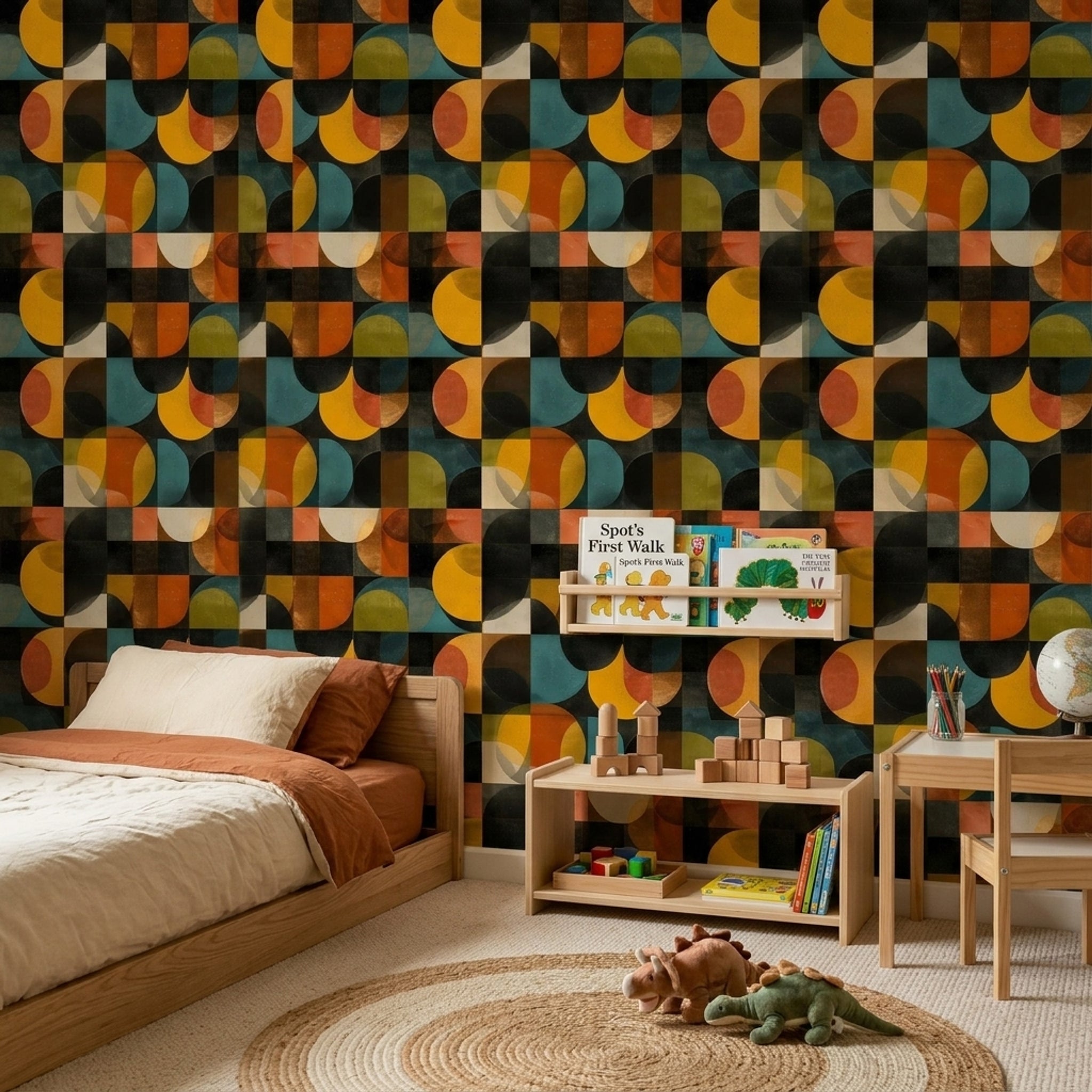 Retro Geometrik Duvar Kağıdı Renkli Yarım Daire Desenli Salon