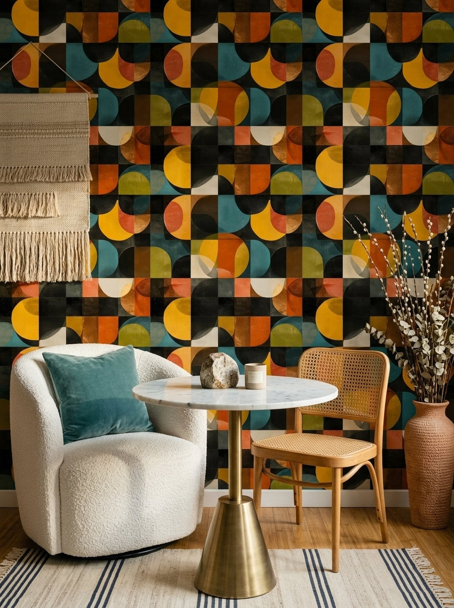 Retro Geometrik Duvar Kağıdı Renkli Yarım Daire Desenli Salon