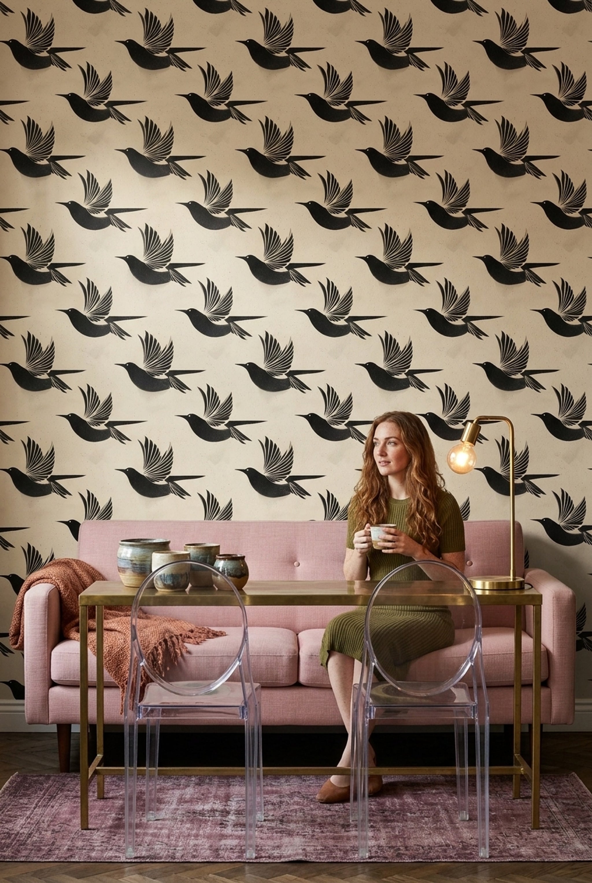 Uçan Kuş Desenli Duvar Kağıdı Siyah Bej Salon