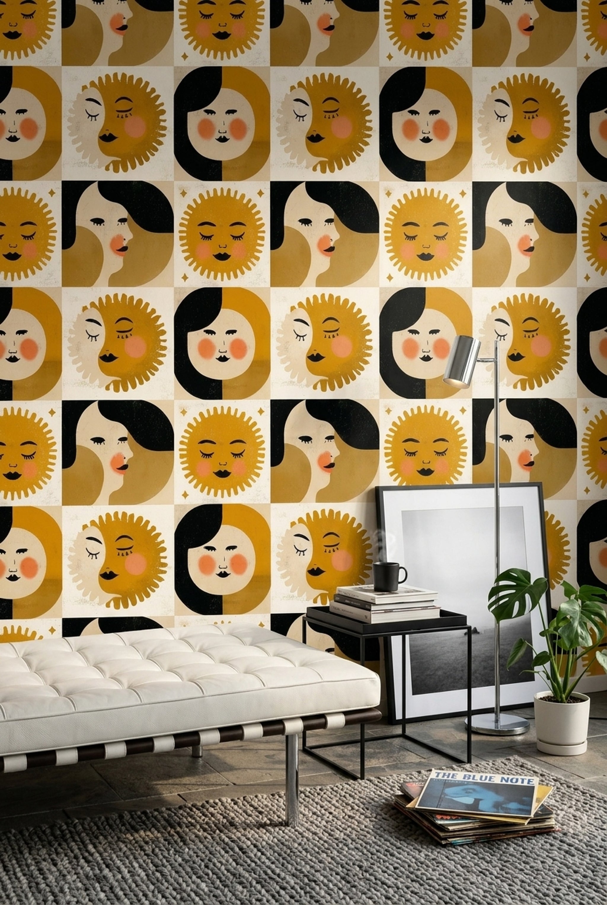 Güneş ve Ay Yüzlü Duvar Kağıdı Sarı Retro Salon