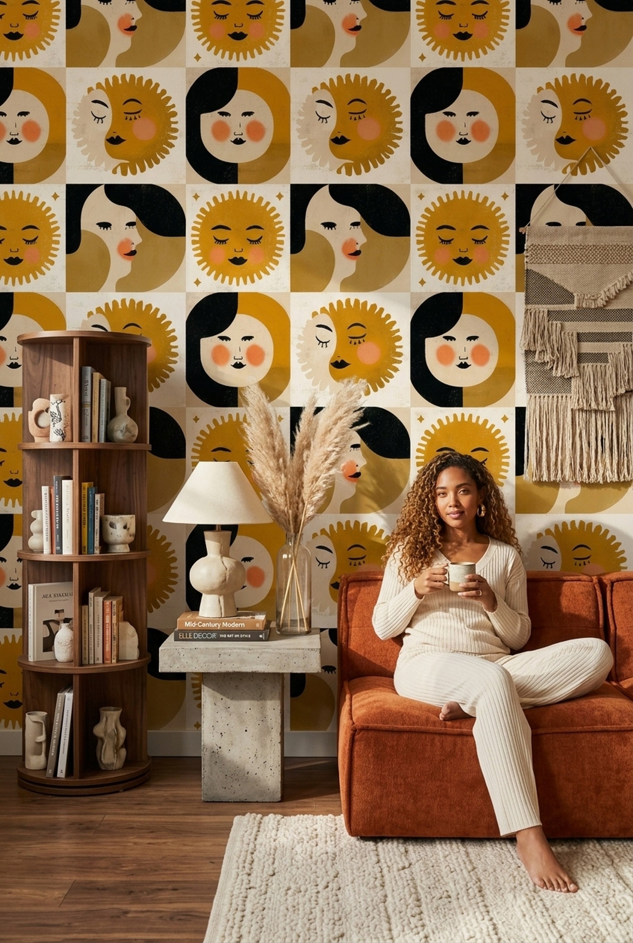 Güneş ve Ay Yüzlü Duvar Kağıdı Sarı Retro Salon