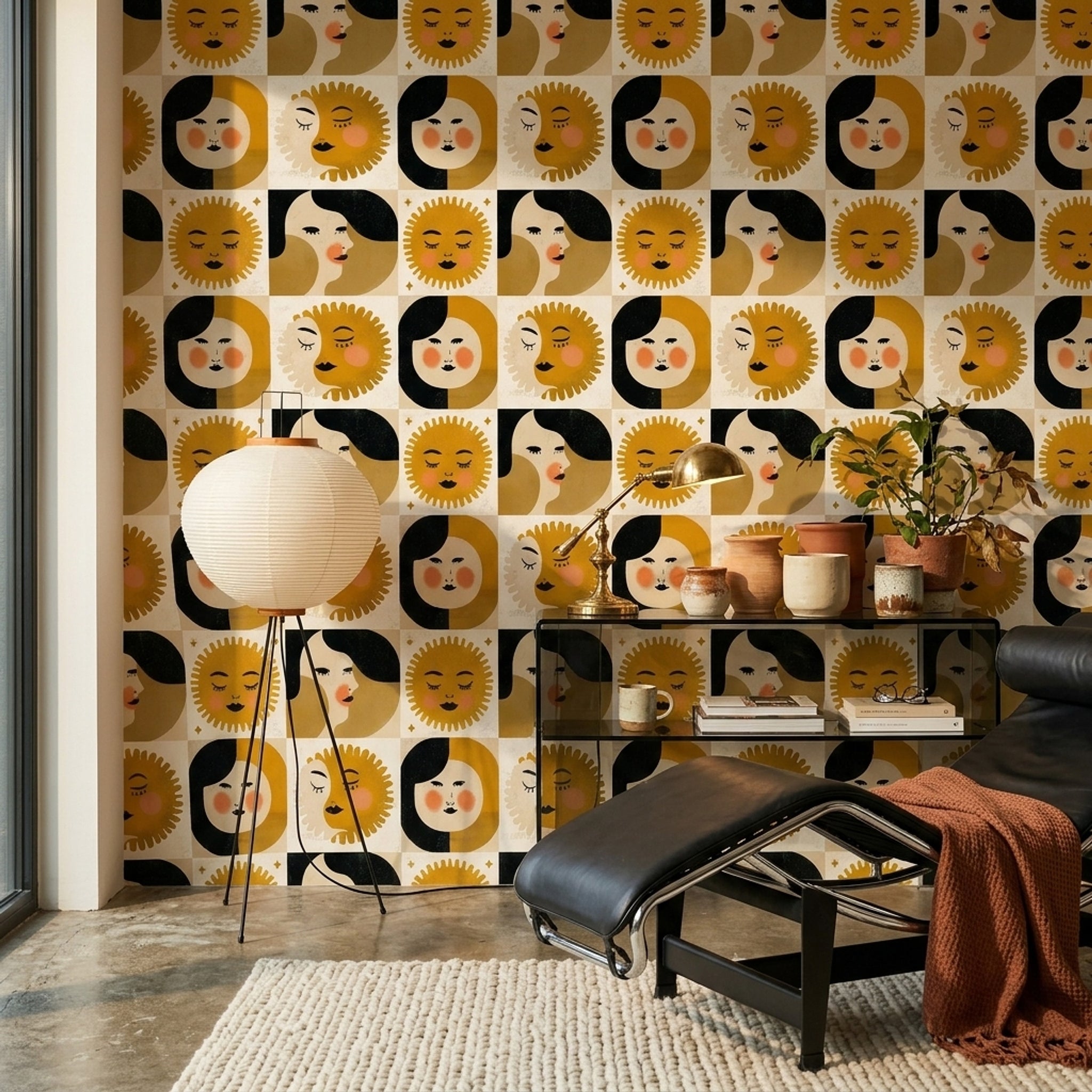 Güneş ve Ay Yüzlü Duvar Kağıdı Sarı Retro Salon