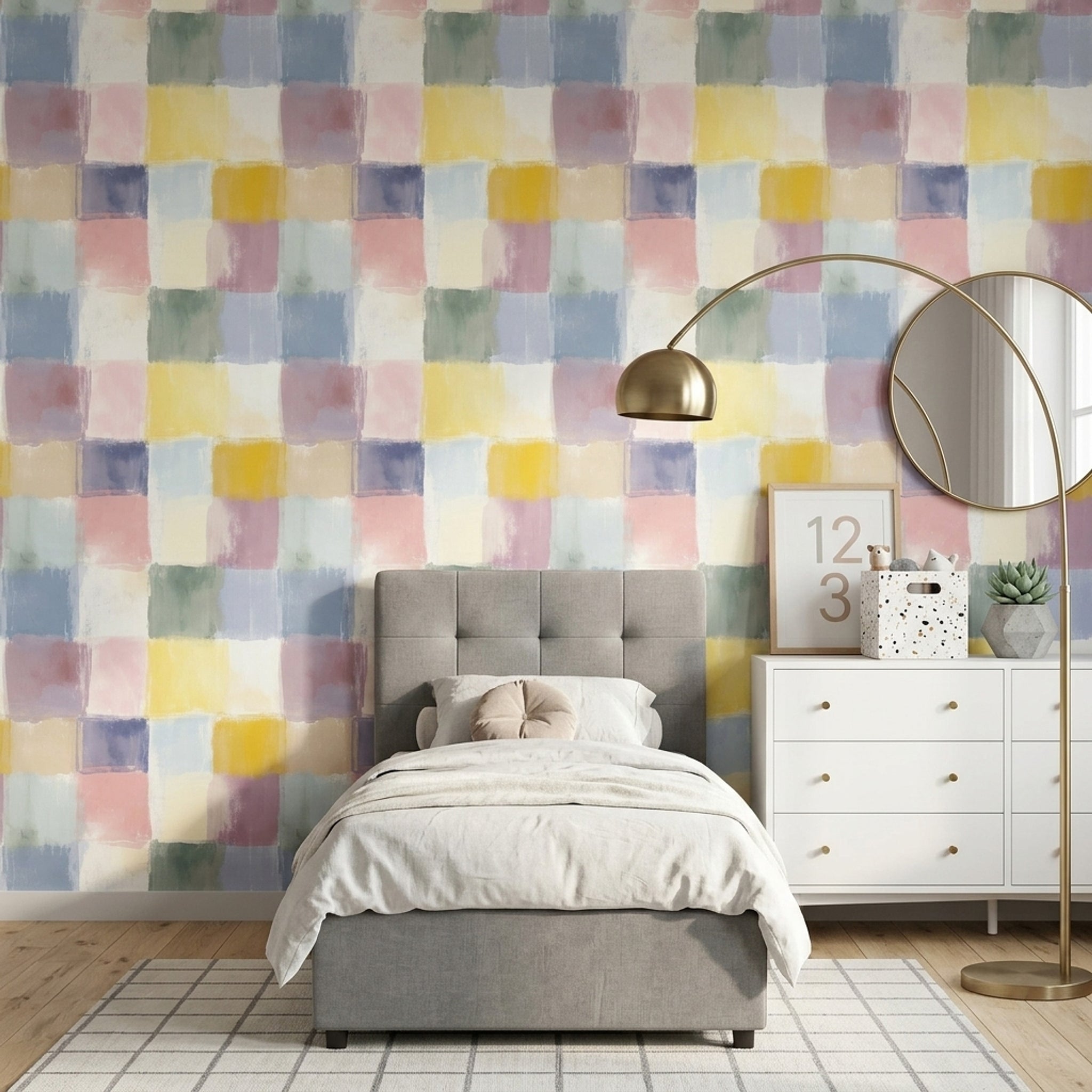 Renkli Kare Desenli Duvar Kağıdı Pastel Modern Yatak Odası