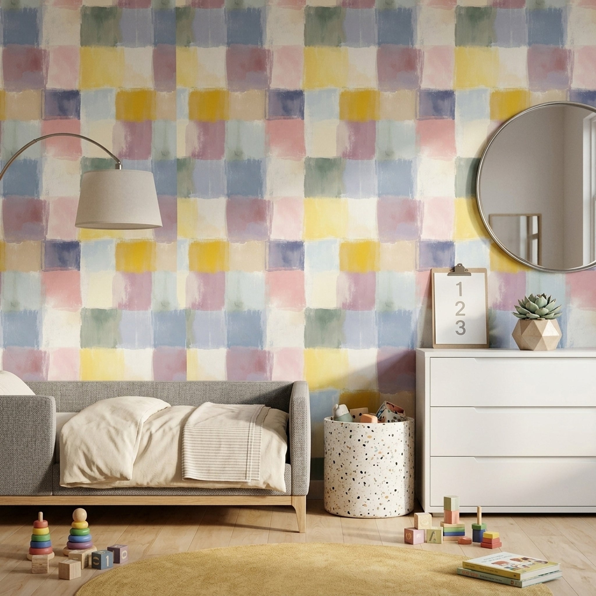 Renkli Kare Desenli Duvar Kağıdı Pastel Modern Yatak Odası