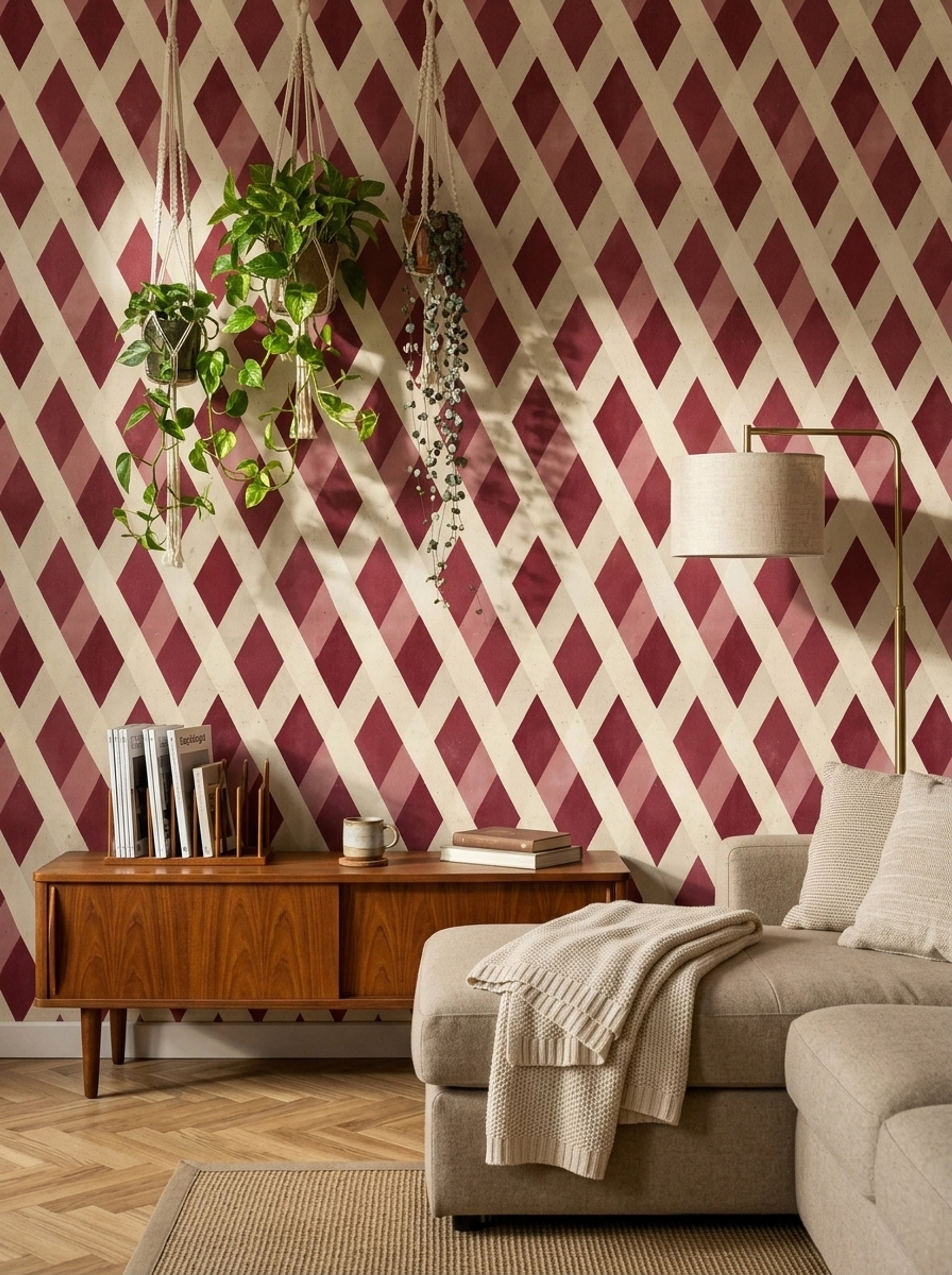 Bordo Baklava Desenli Duvar Kağıdı Retro Salon Dekoru