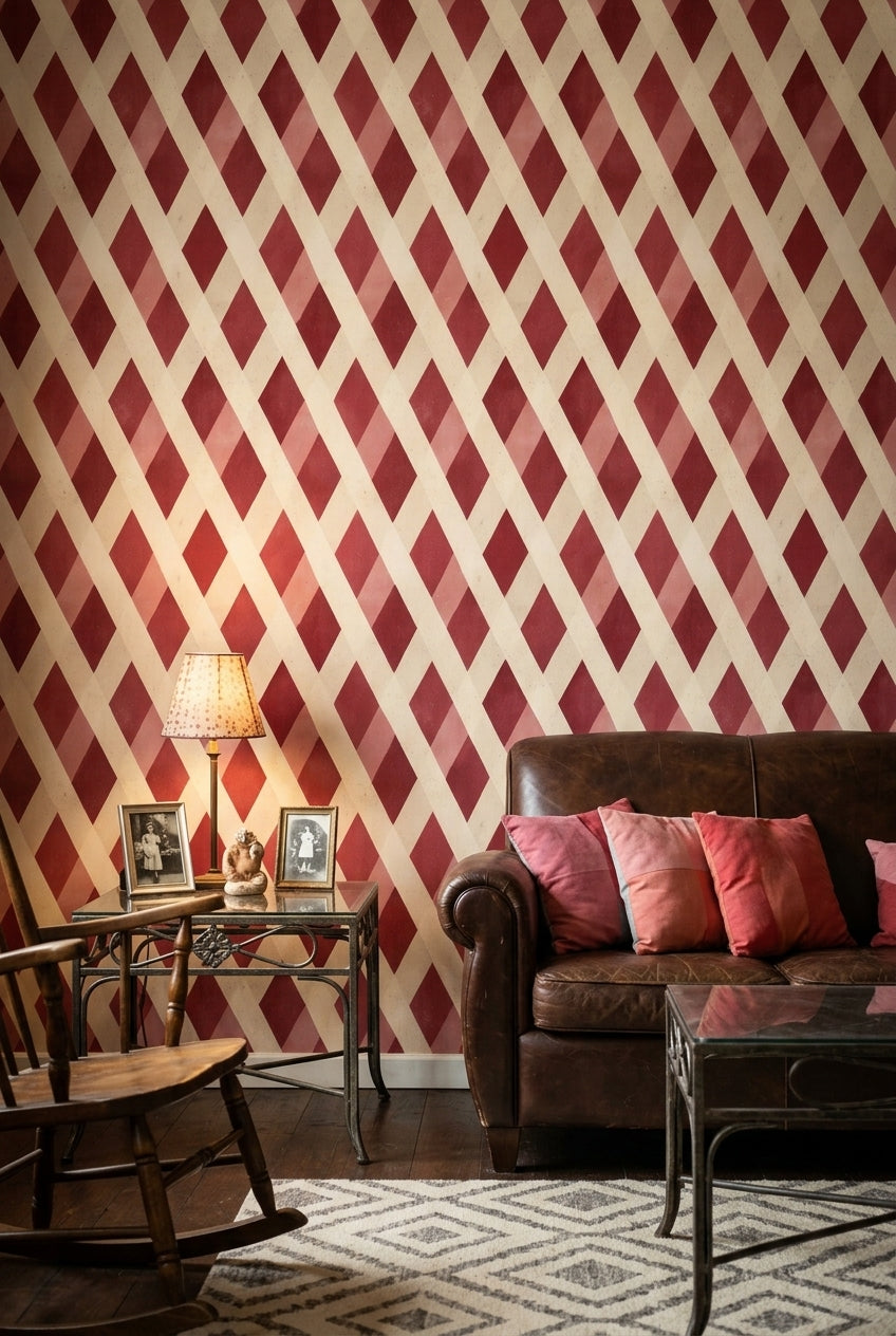 Bordo Baklava Desenli Duvar Kağıdı Retro Salon Dekoru