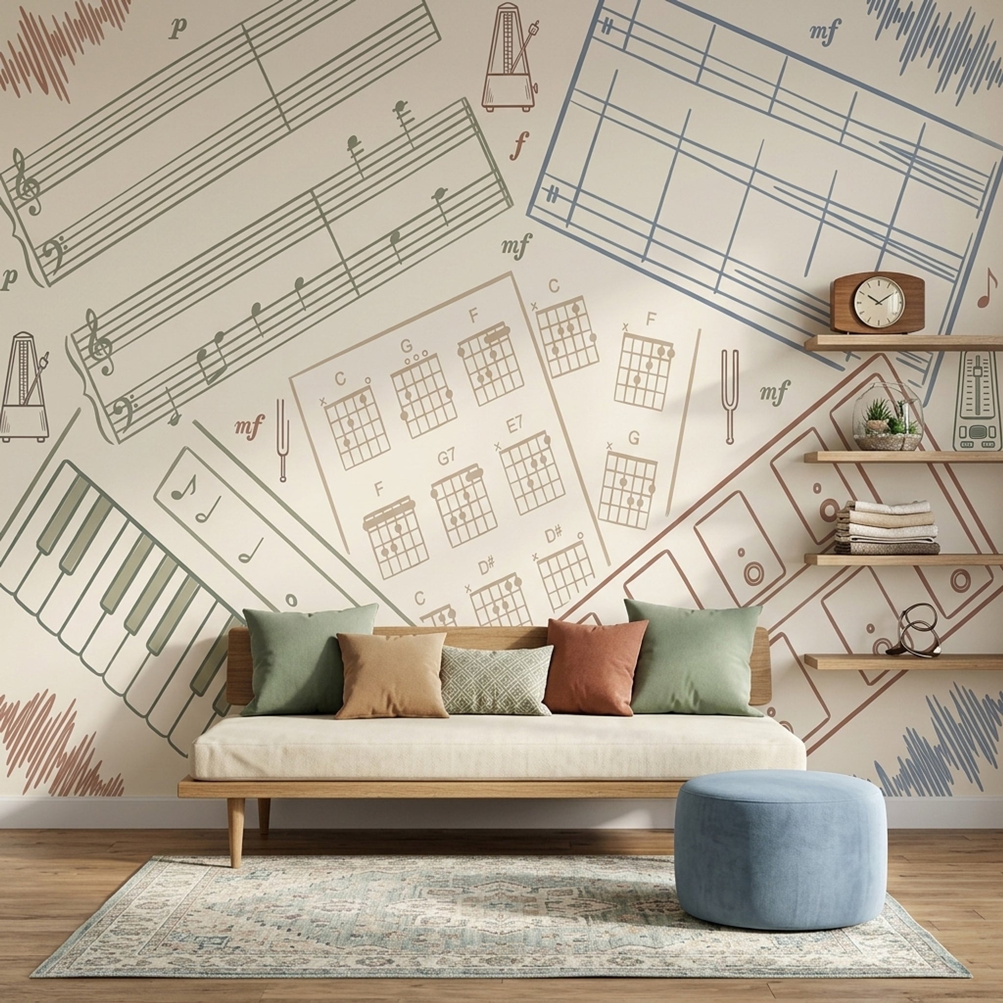 Müzik Notalı Poster Duvar Kağıdı Bej Fon Salon Dekoru