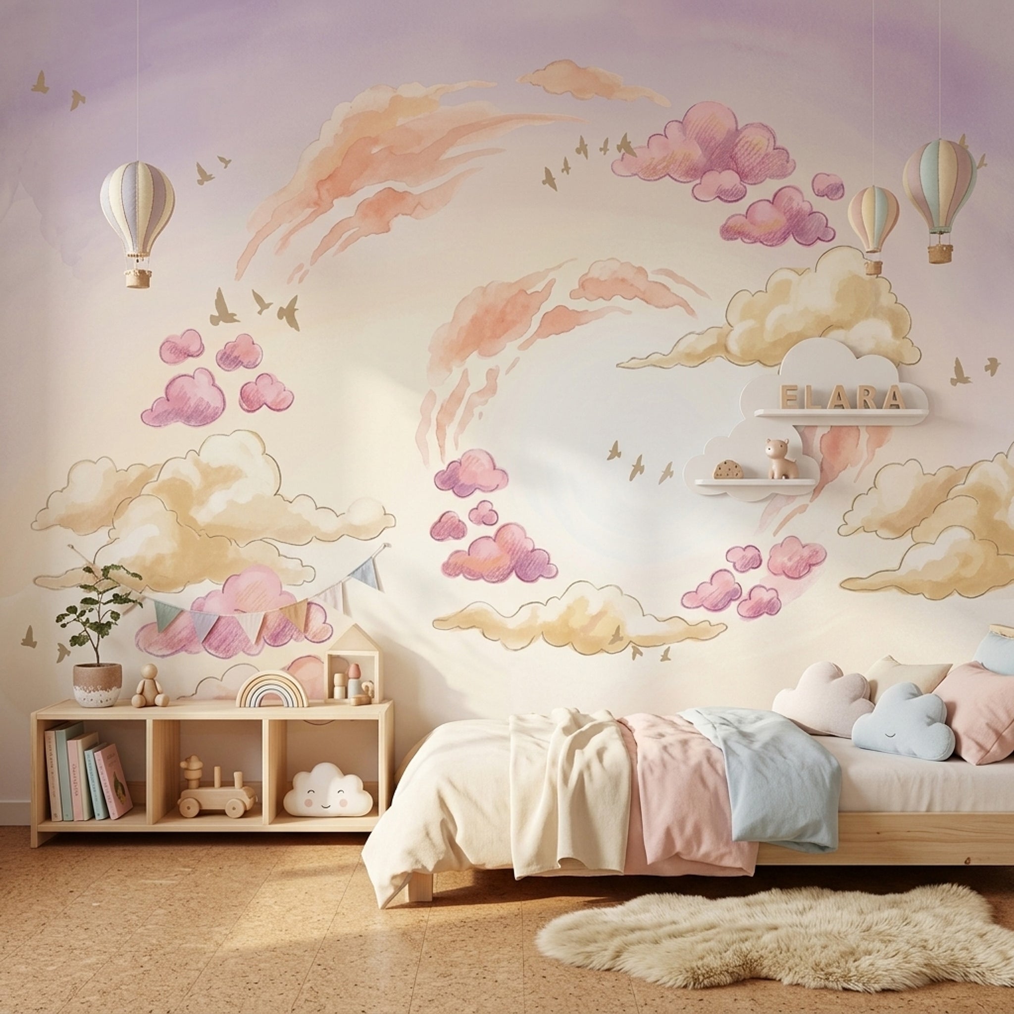 Pastel Bulut ve Kuşlu Poster Duvar Kağıdı Bebek Odası