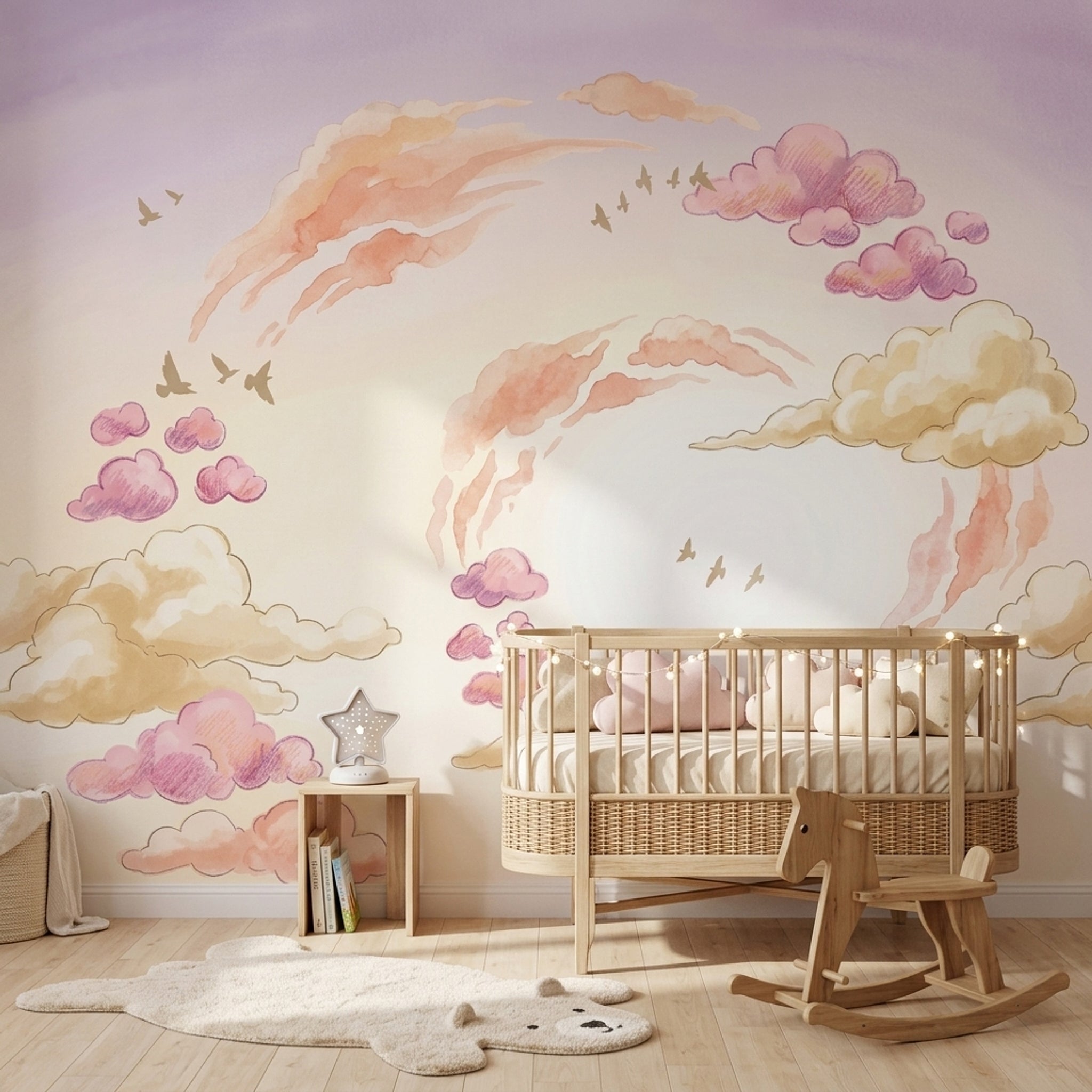 Pastel Bulut ve Kuşlu Poster Duvar Kağıdı Bebek Odası