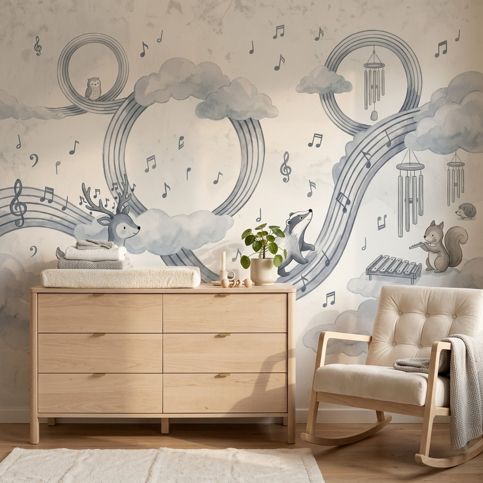 Müzik Notalı Sevimli Hayvanlı Poster Duvar Kağıdı Gri Çocuk Odası