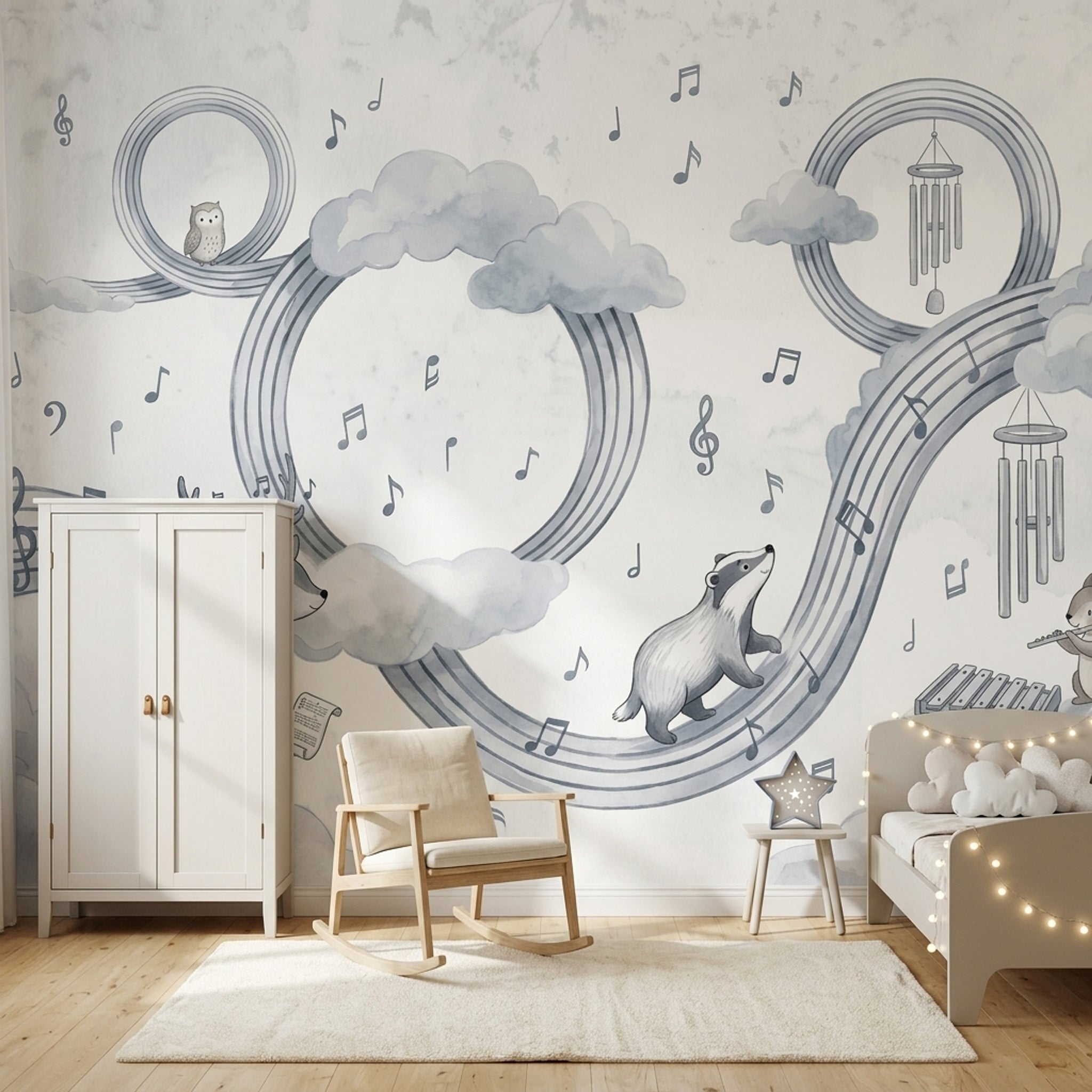 Müzik Notalı Sevimli Hayvanlı Poster Duvar Kağıdı Gri Çocuk Odası