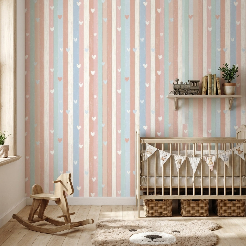 Pastel Kalpli Çizgili Duvar Kağıdı Bebek Odası Desenli
