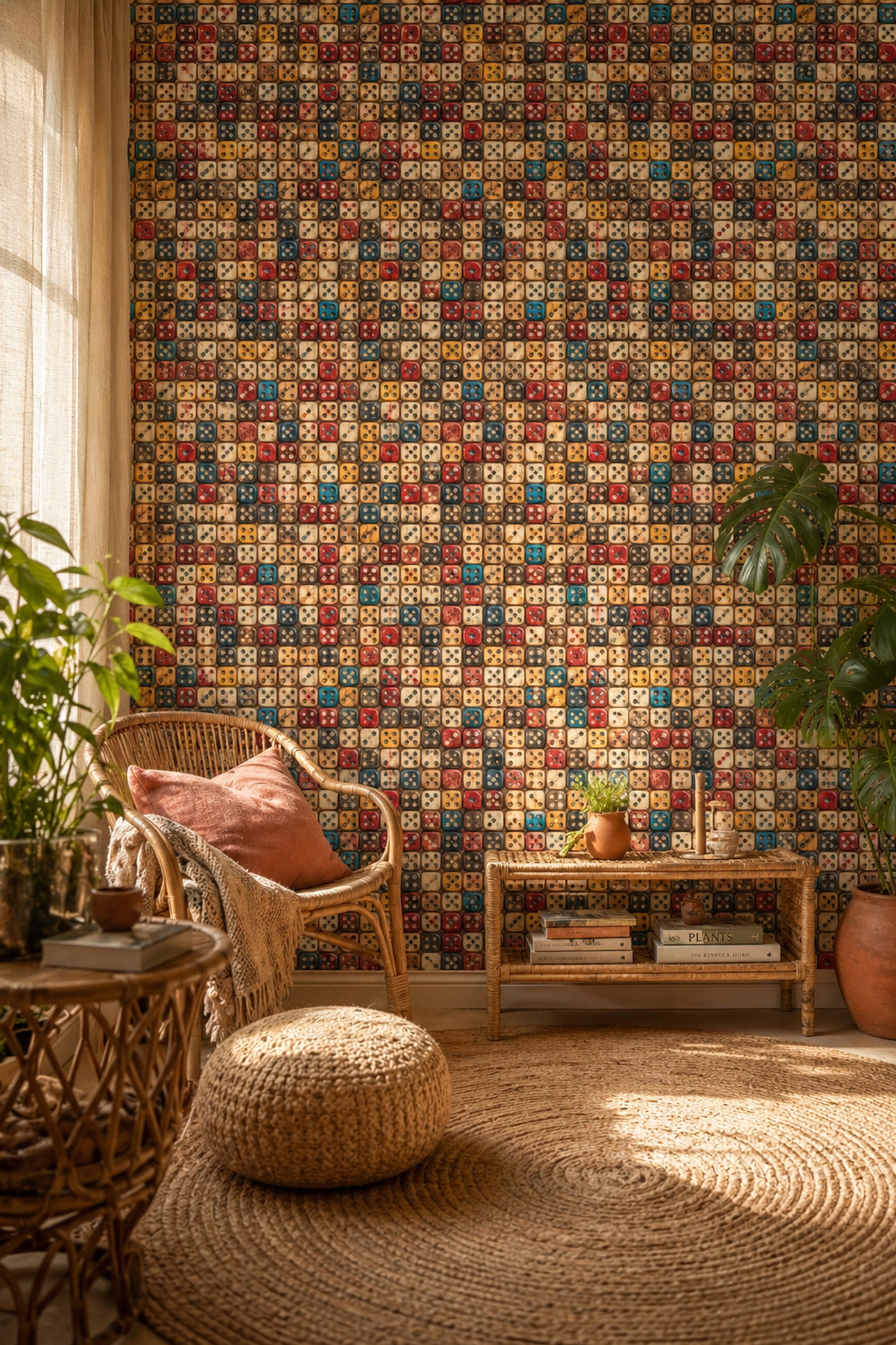Renkli Zar Desenli Duvar Kağıdı Retro Salon Dekoru