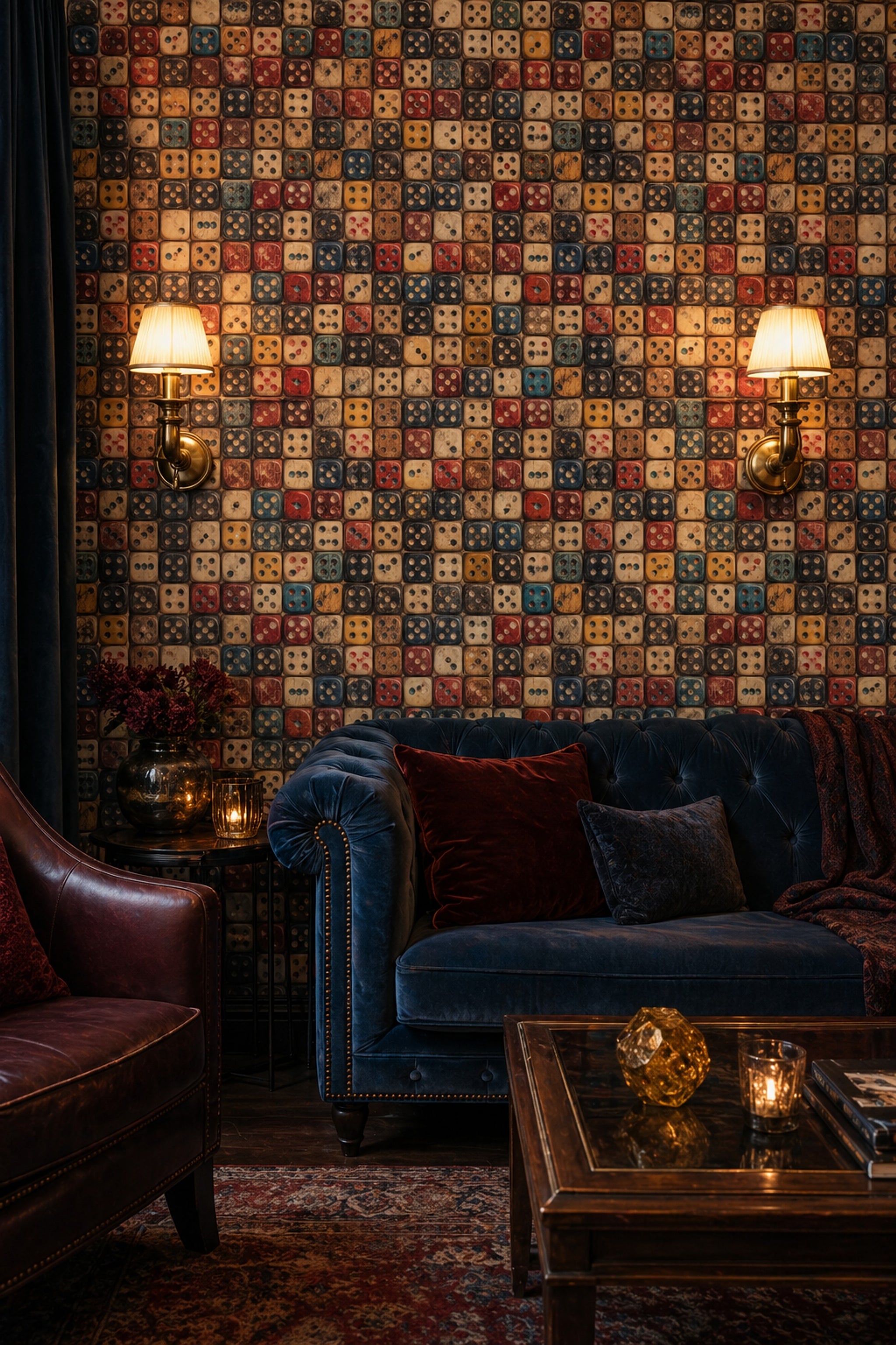Renkli Zar Desenli Duvar Kağıdı Retro Salon Dekoru