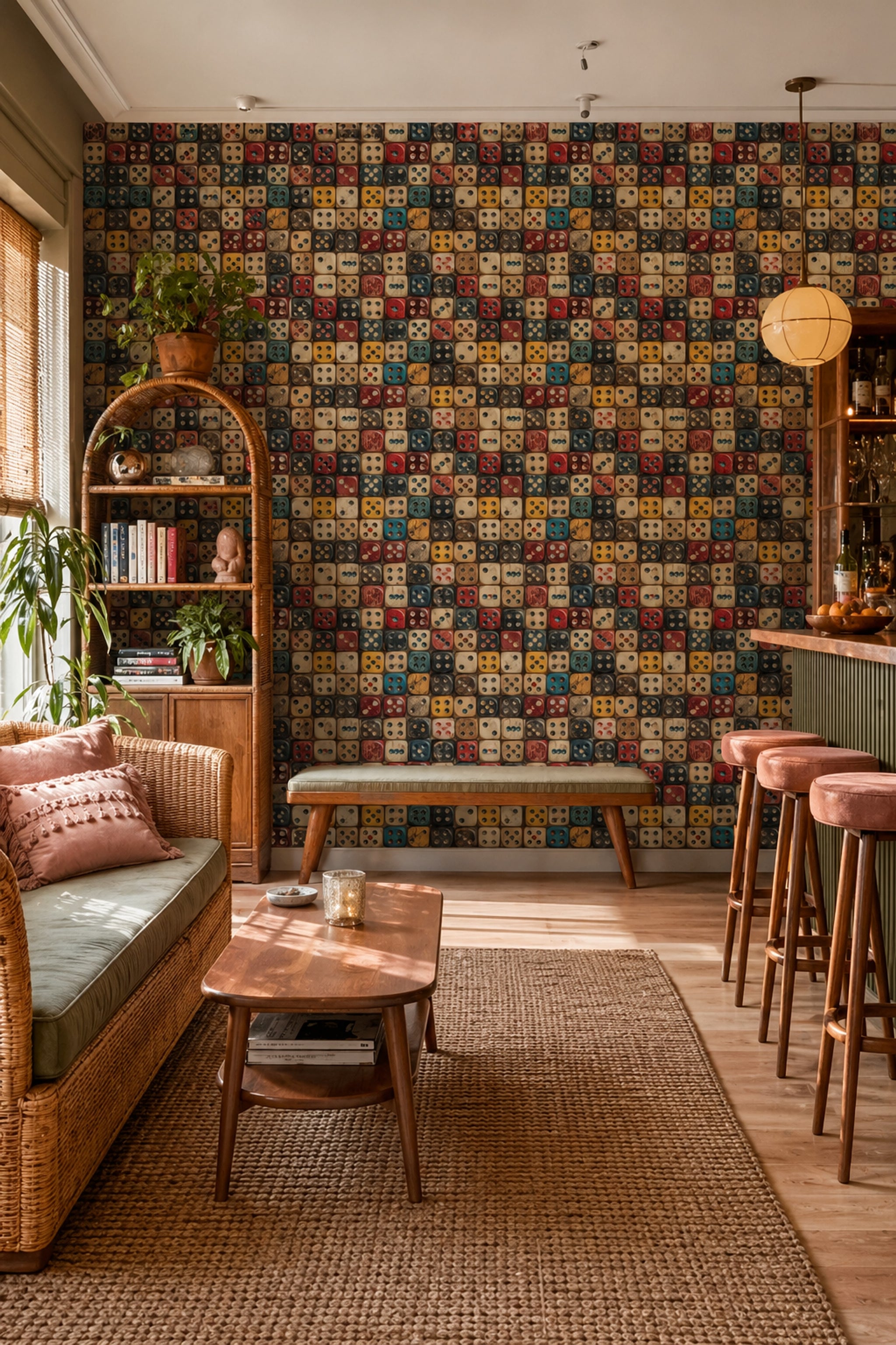 Renkli Zar Desenli Duvar Kağıdı Retro Salon Dekoru