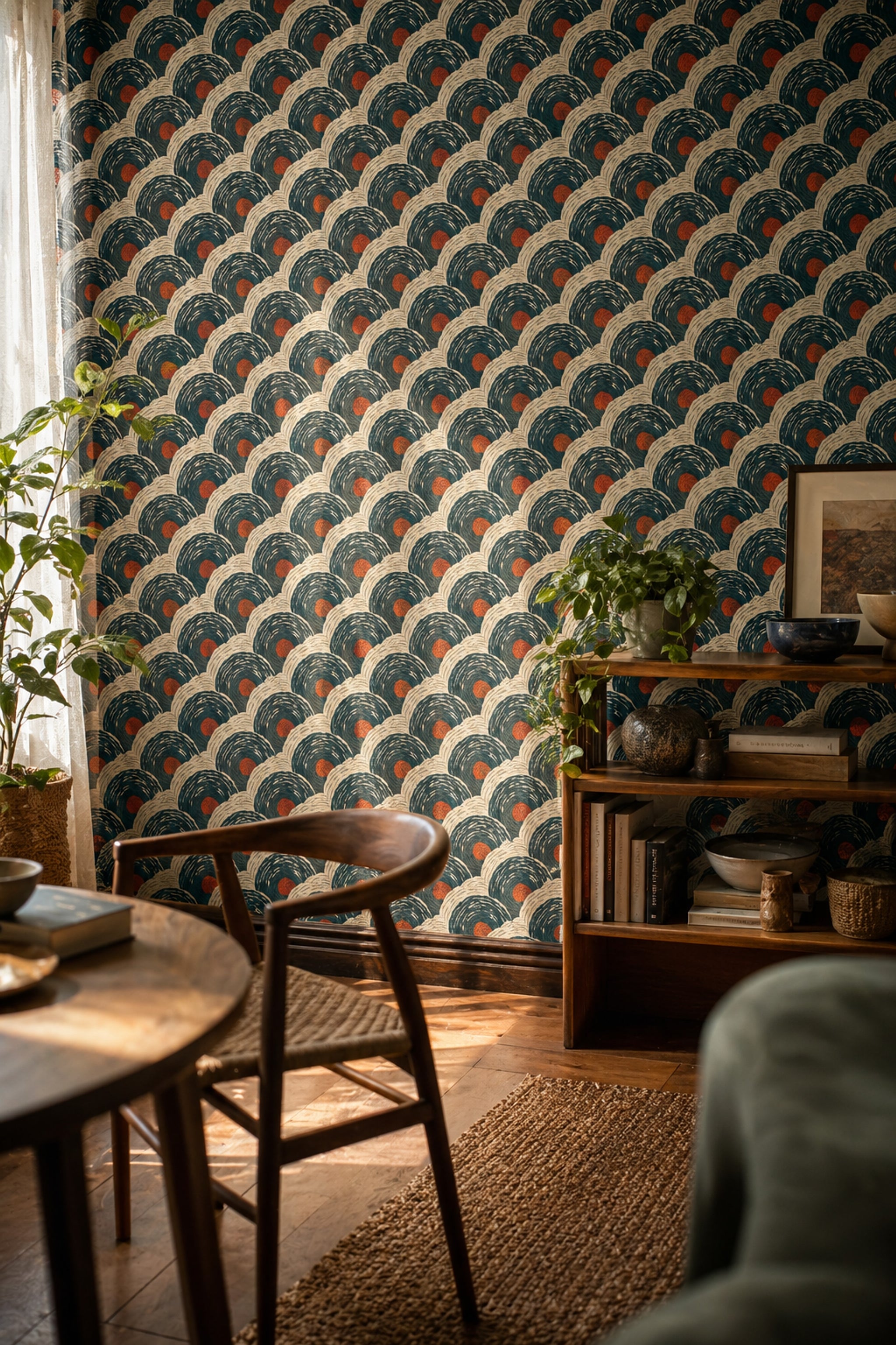 Art Deco Dalga Desenli Duvar Kağıdı Petrol Yeşili Salon