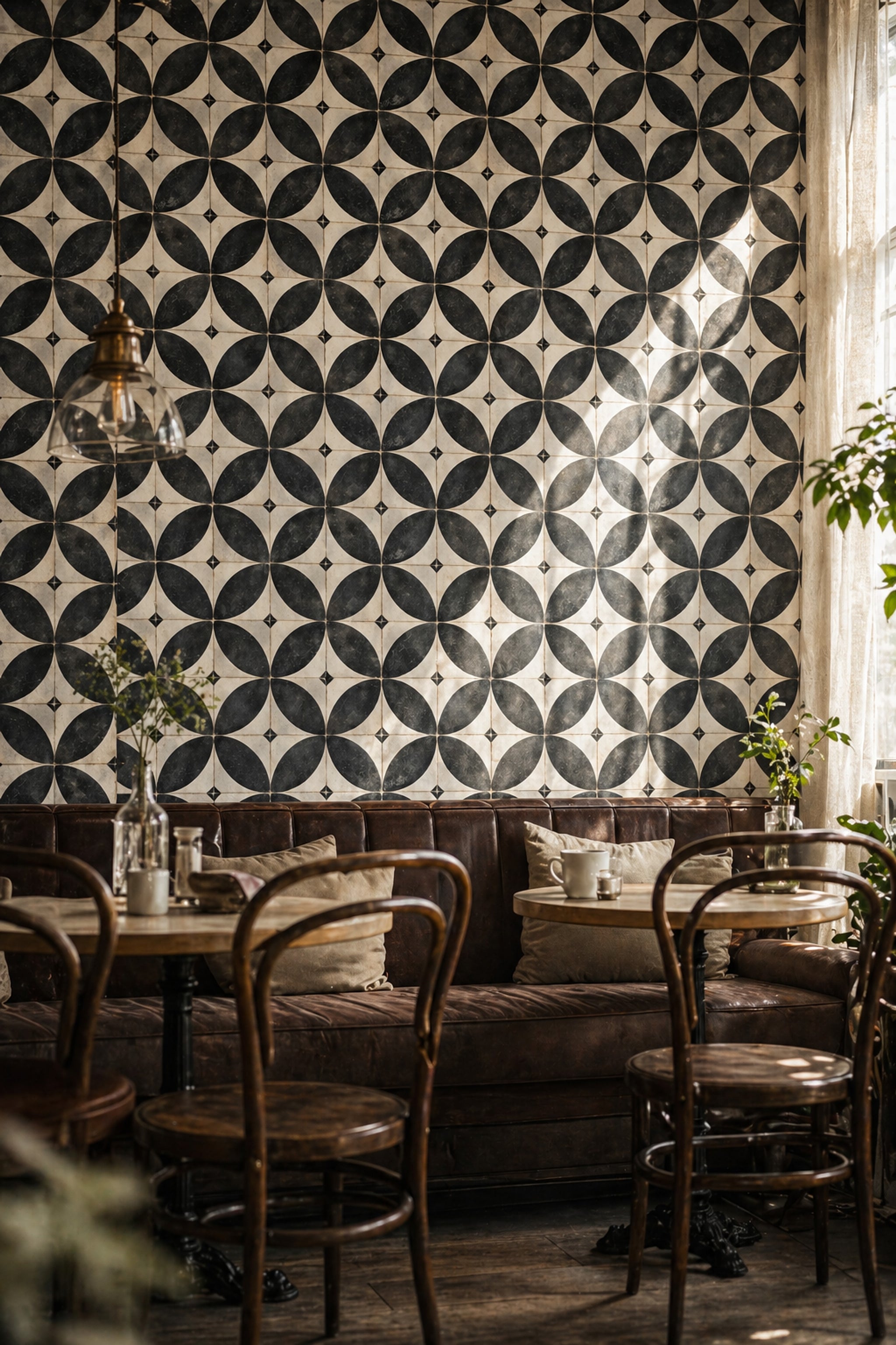Geometrik Siyah Beyaz Duvar Kağıdı Retro Desenli Mutfak