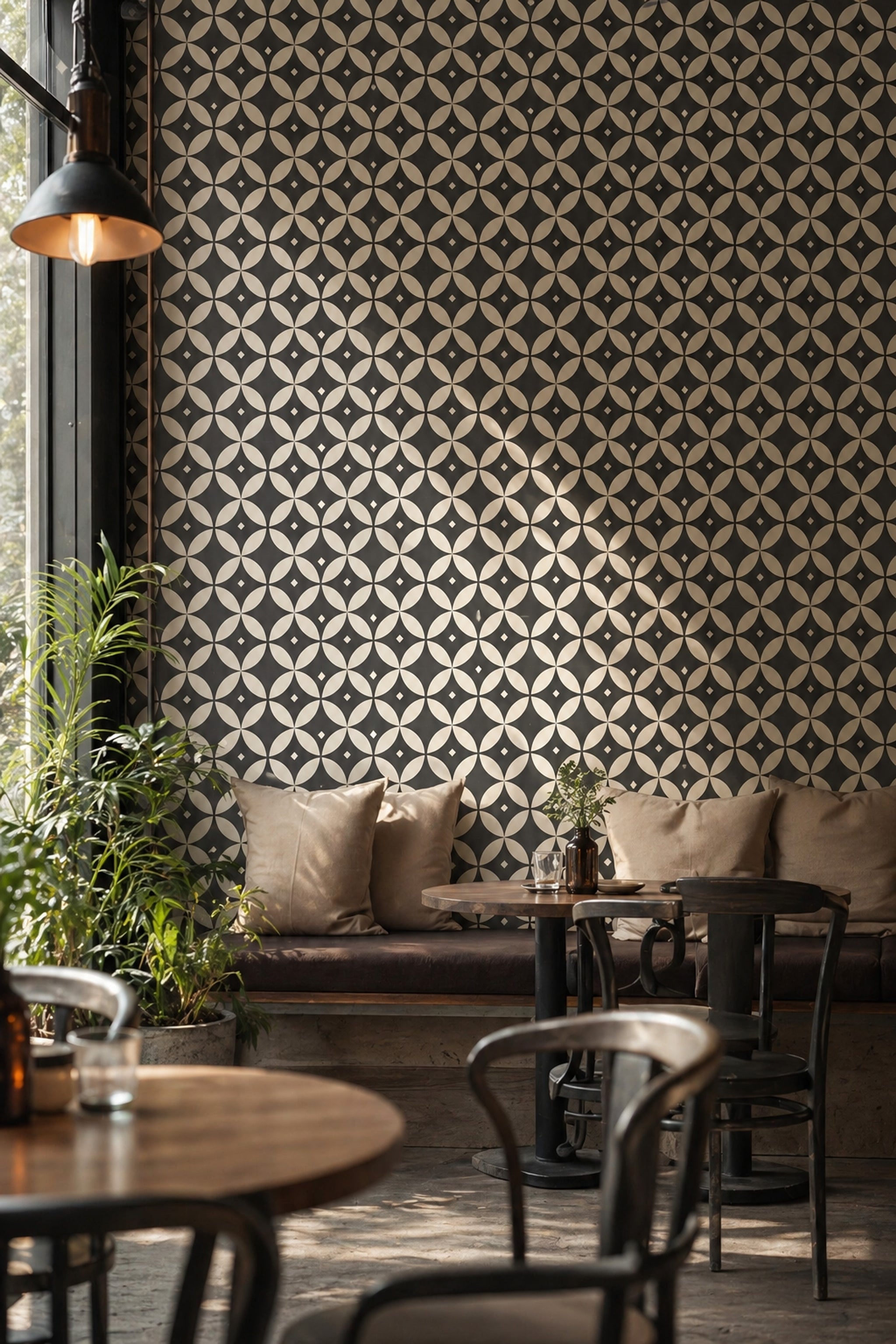 Geometrik Çiçek Desenli Duvar Kağıdı Siyah Krem Salon