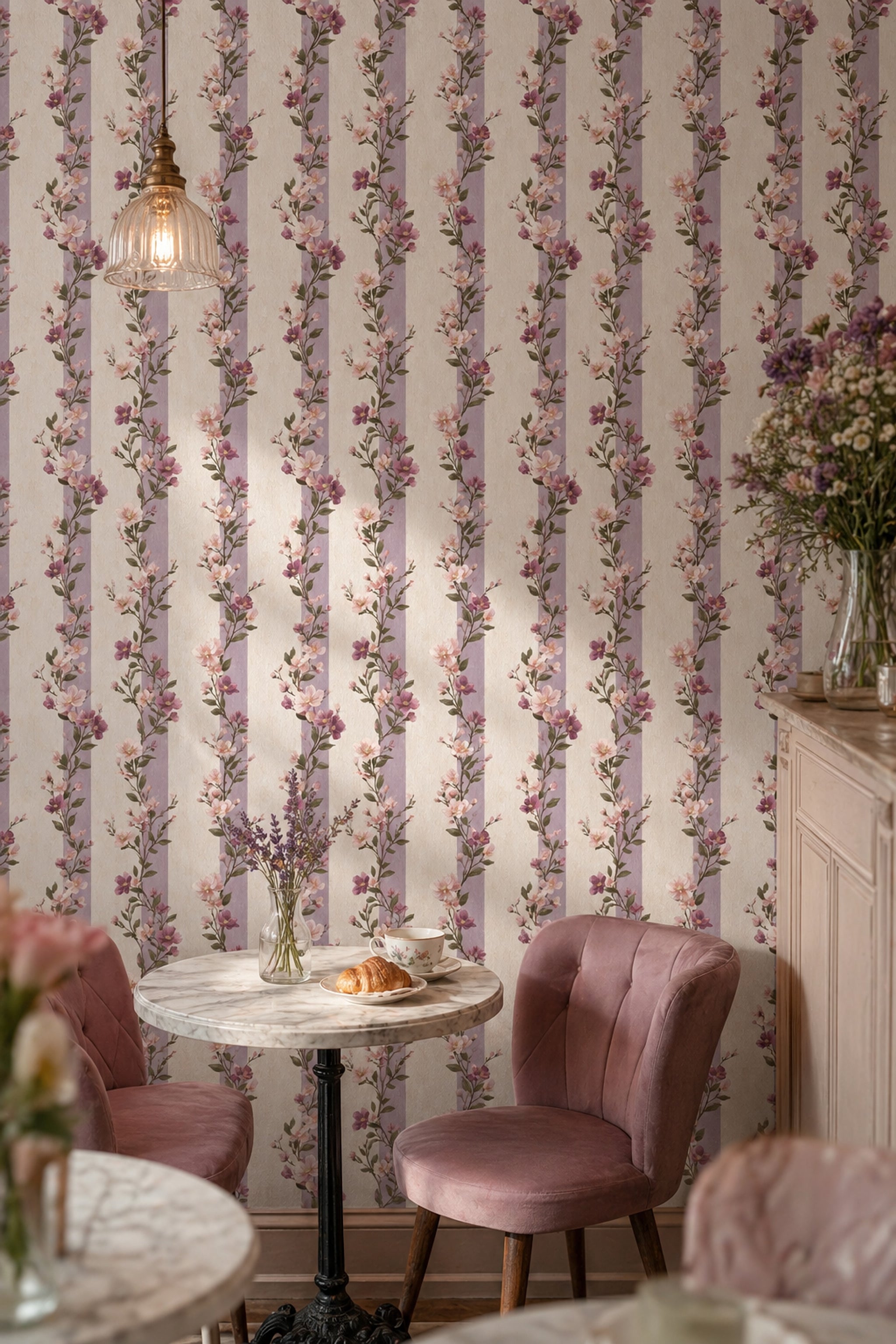 Dikey Çiçek Dallı Duvar Kağıdı Lila Krem Salon