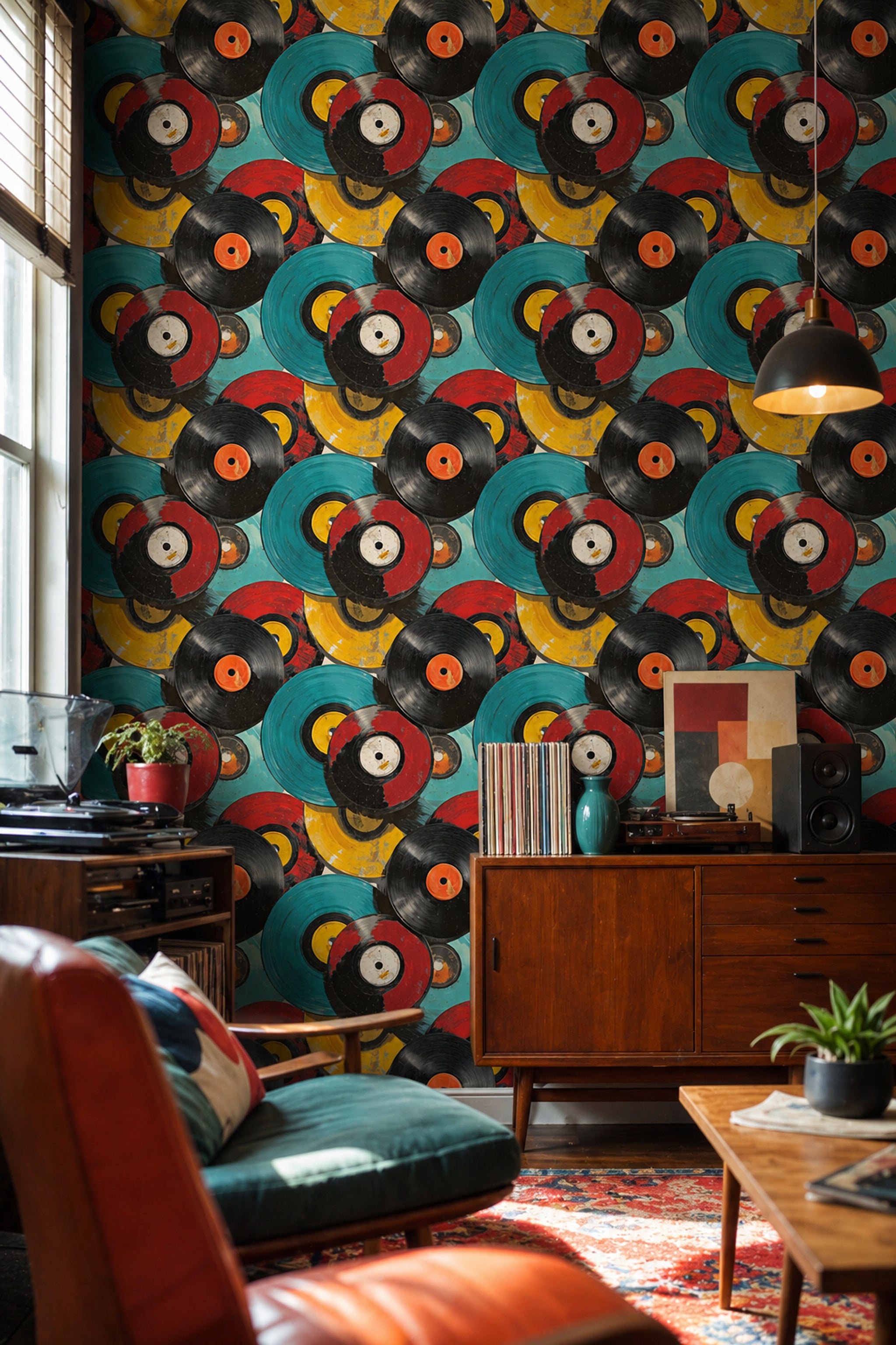Plak Desenli Duvar Kağıdı Renkli Retro Salon Dekoru