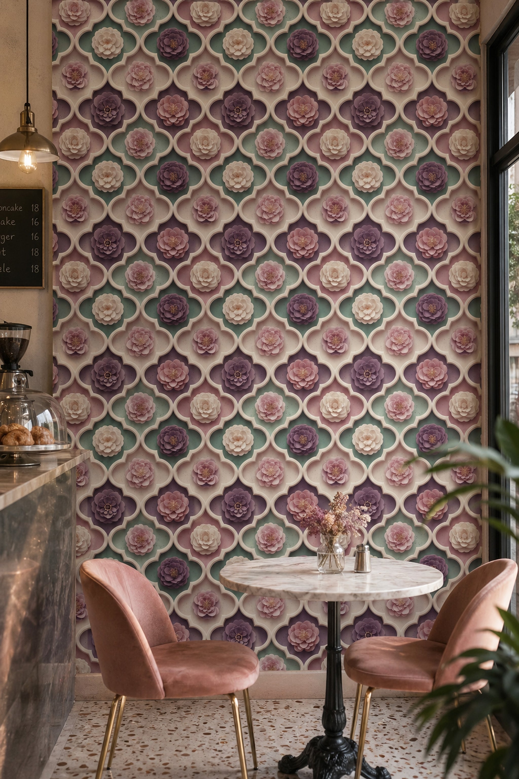 Çiçek Kabartı Görünümlü Duvar Kağıdı Yeşil Modern Salon