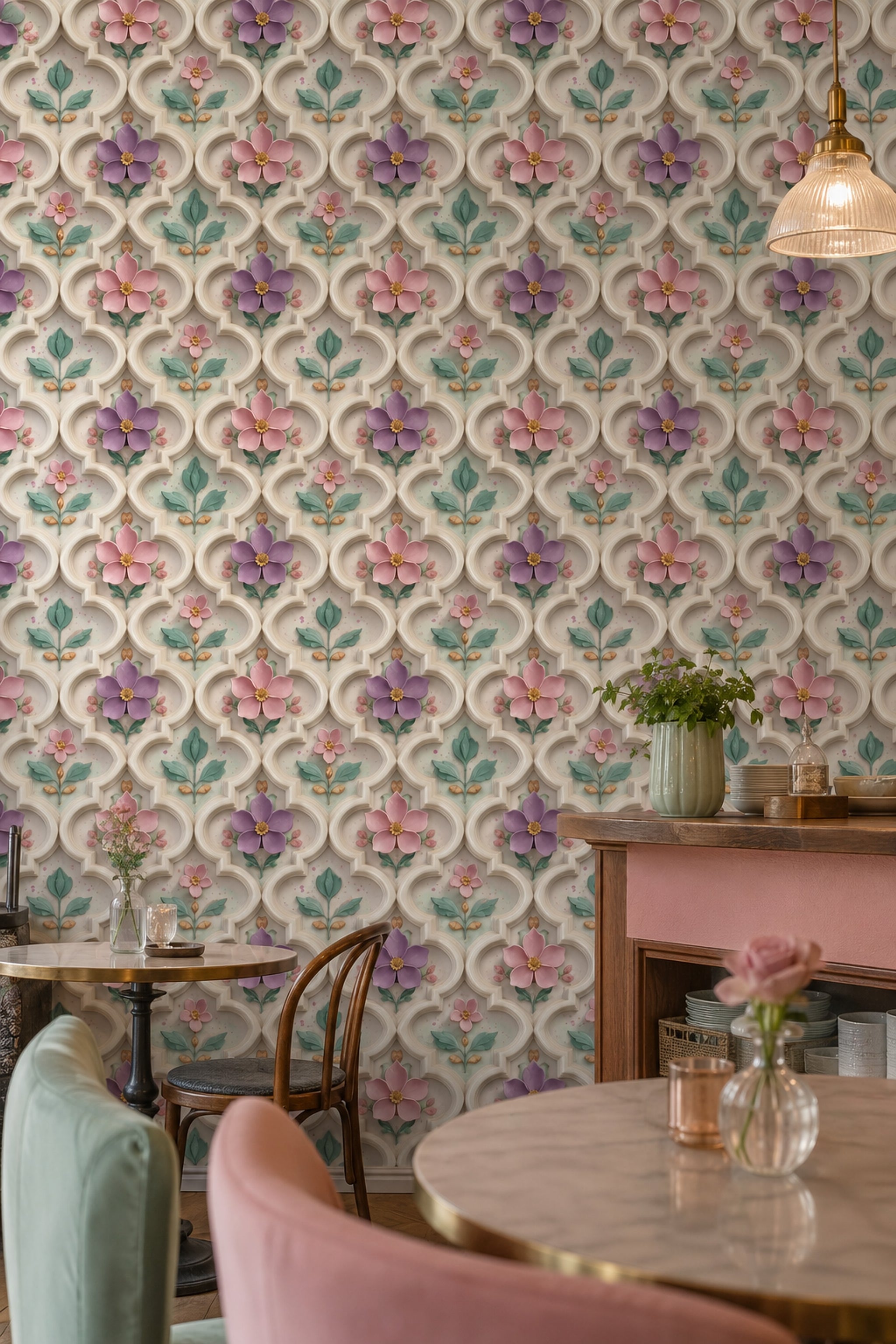 Geometrik Çerçeveli Çiçekli Duvar Kağıdı Krem Salon Desenli