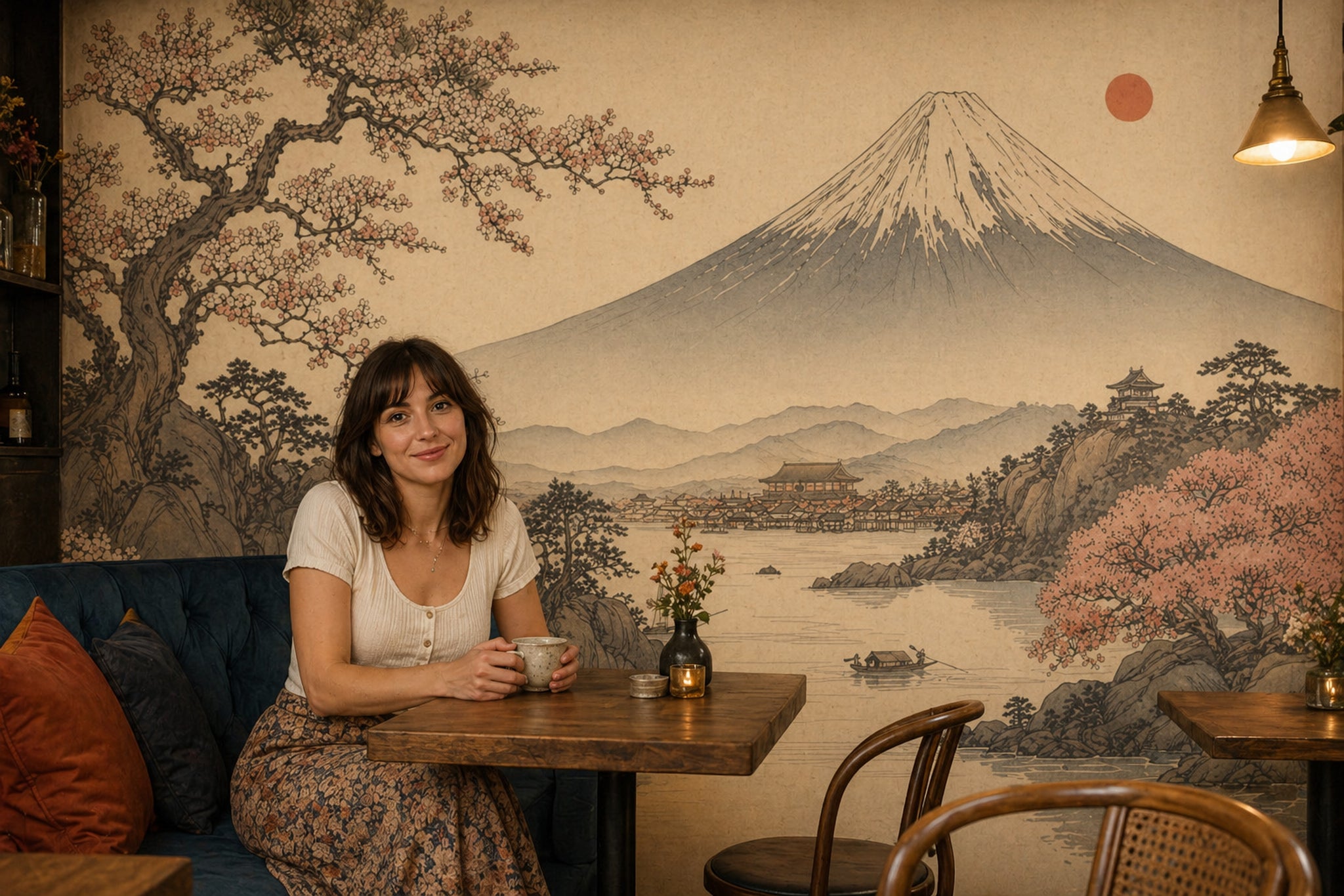 Japon Manzaralı Poster Duvar Kağıdı Fuji Dağı Bej Tonlar