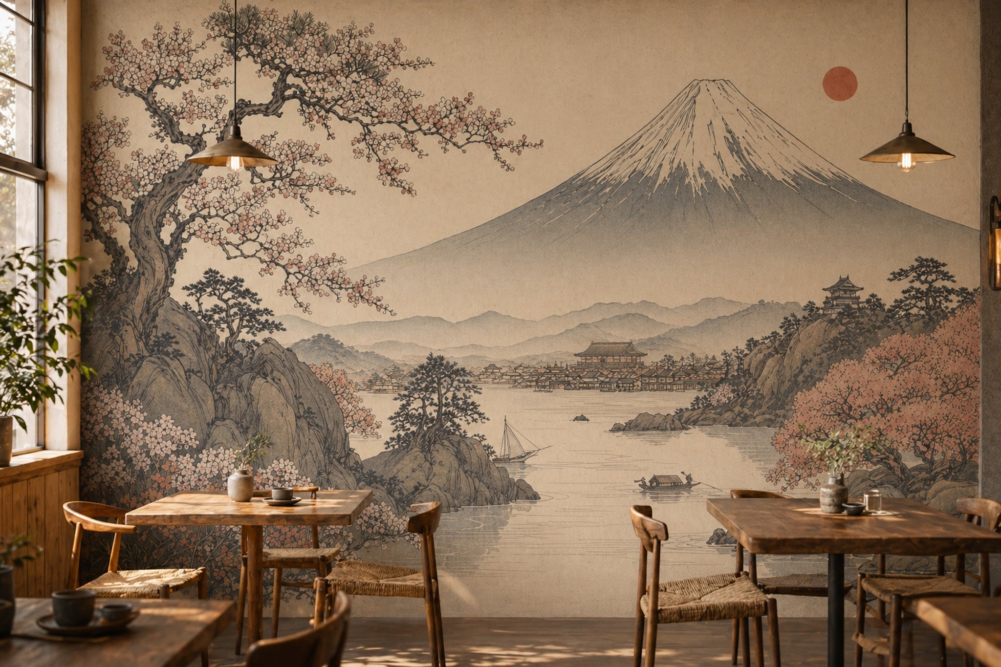 Japon Manzaralı Poster Duvar Kağıdı Fuji Dağı Bej Tonlar