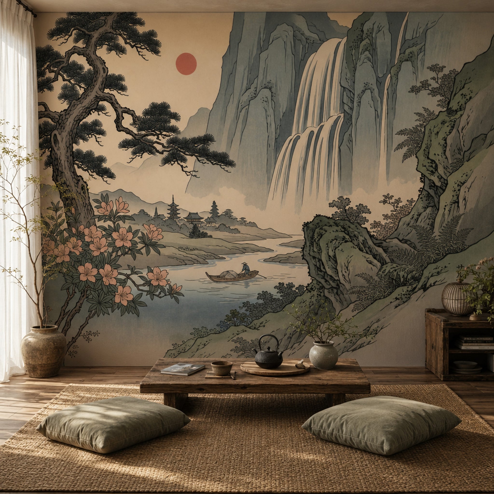 Japon Manzaralı Poster Duvar Kağıdı Şelale ve Dağ Desenli