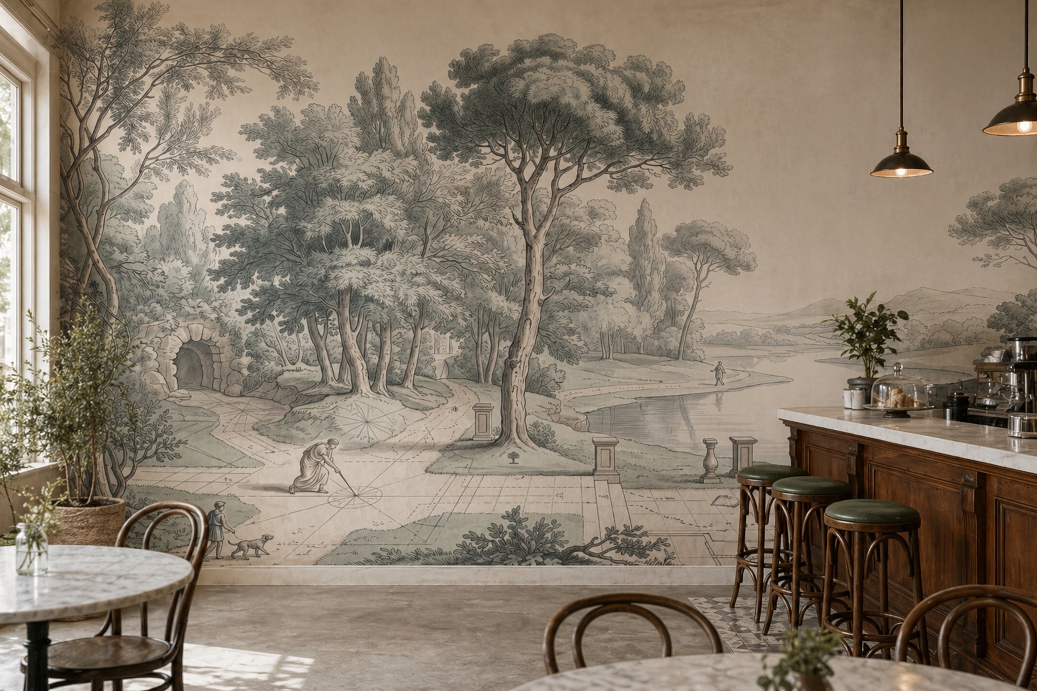 Pastoral Orman Manzaralı Poster Duvar Kağıdı Bej Gri Klasik