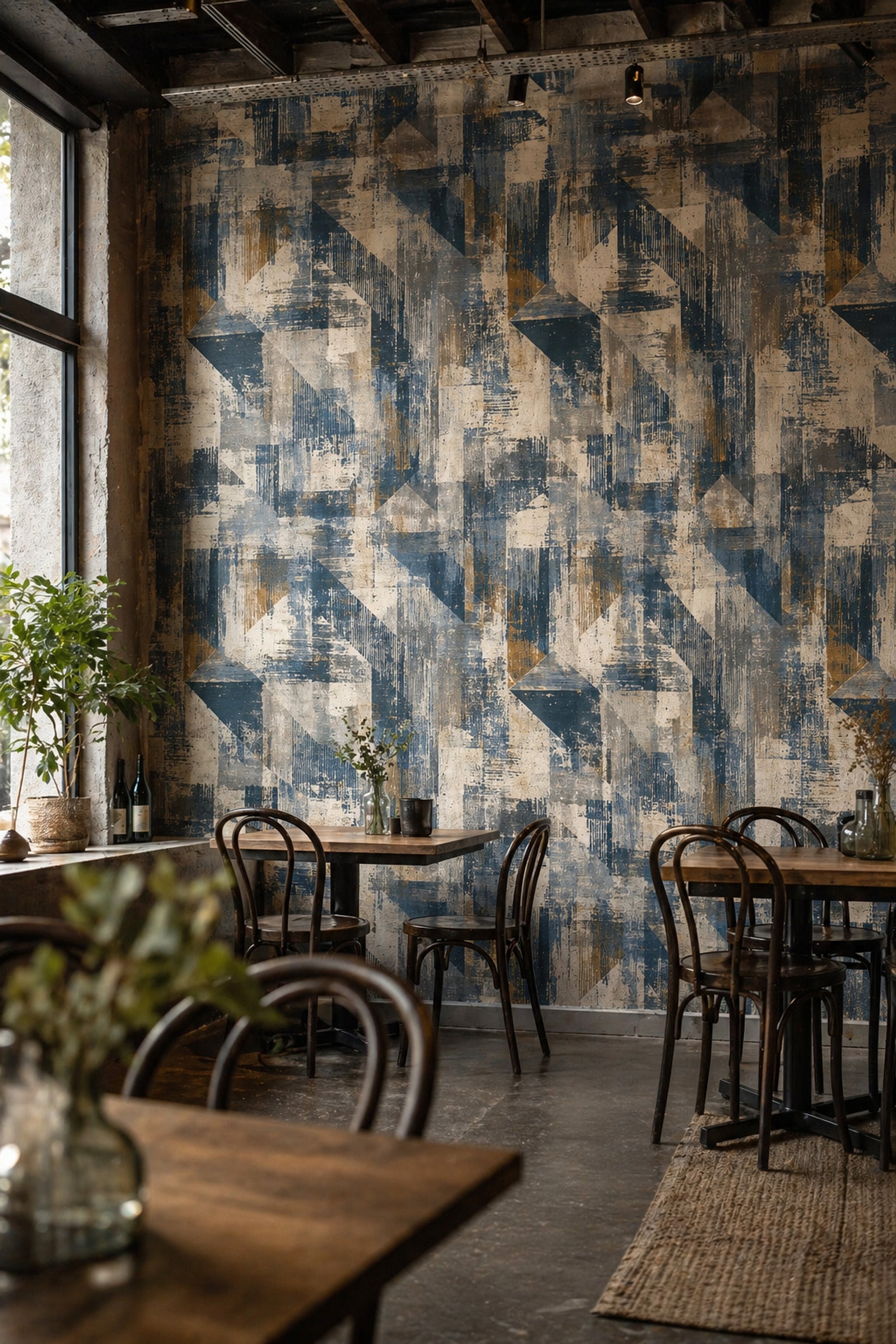 Geometrik Duvar Kağıdı Lacivert Bej Desenli Modern Salon