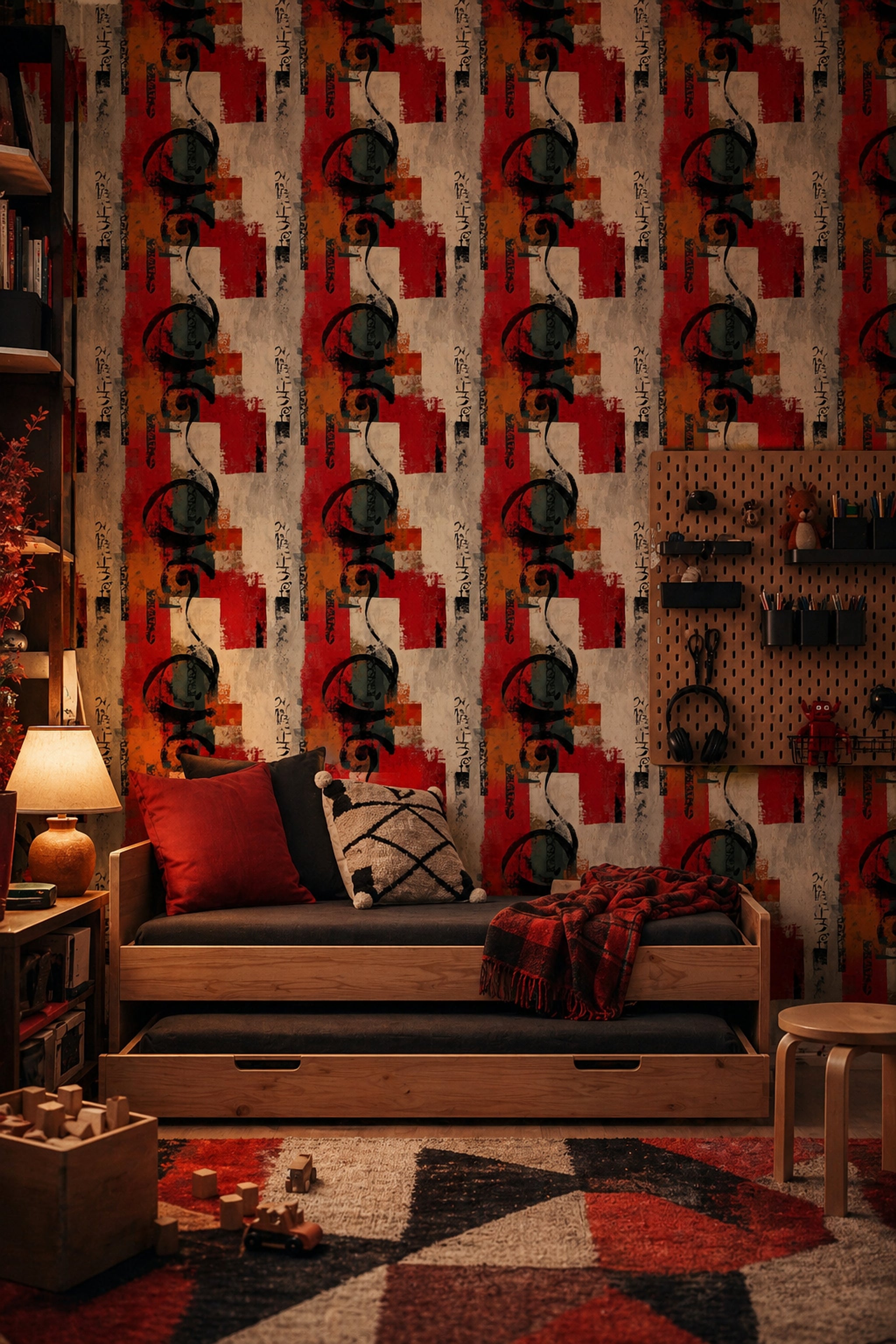 Soyut Yazı Detaylı Duvar Kağıdı Kırmızı Modern Salon
