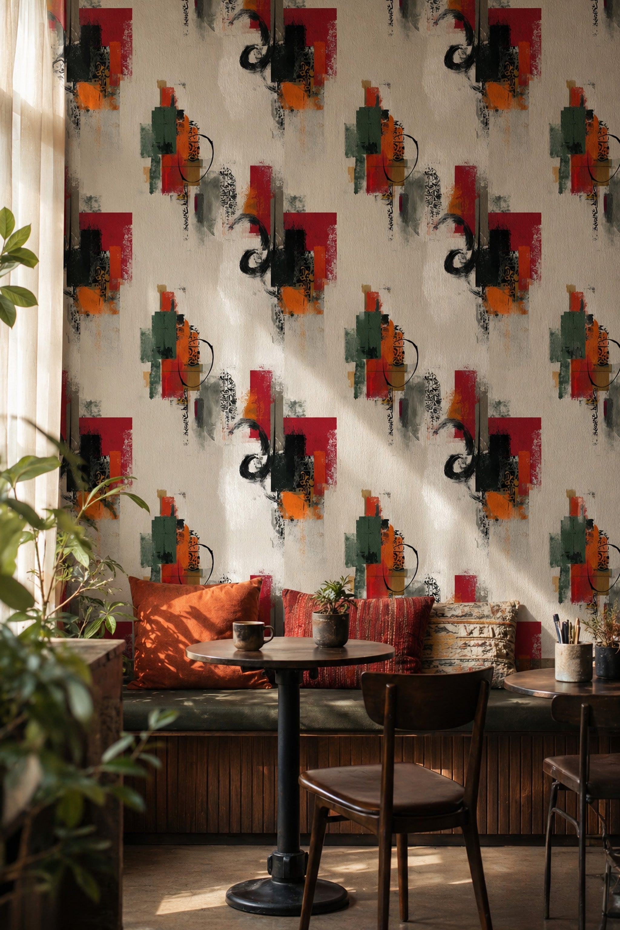 Soyut Geometrik Duvar Kağıdı Kırmızı Yeşil Modern Salon