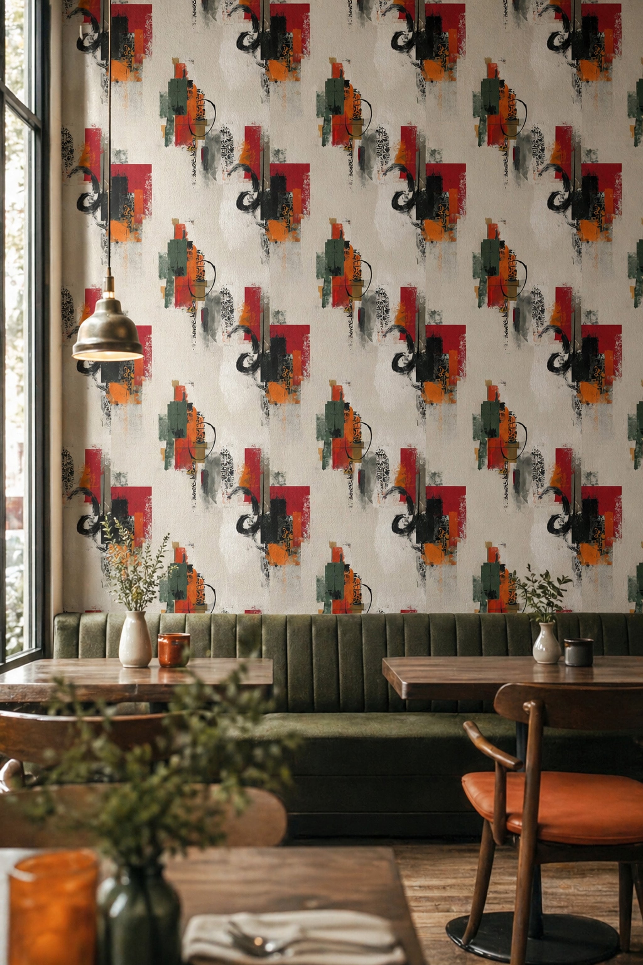 Soyut Geometrik Duvar Kağıdı Kırmızı Yeşil Modern Salon