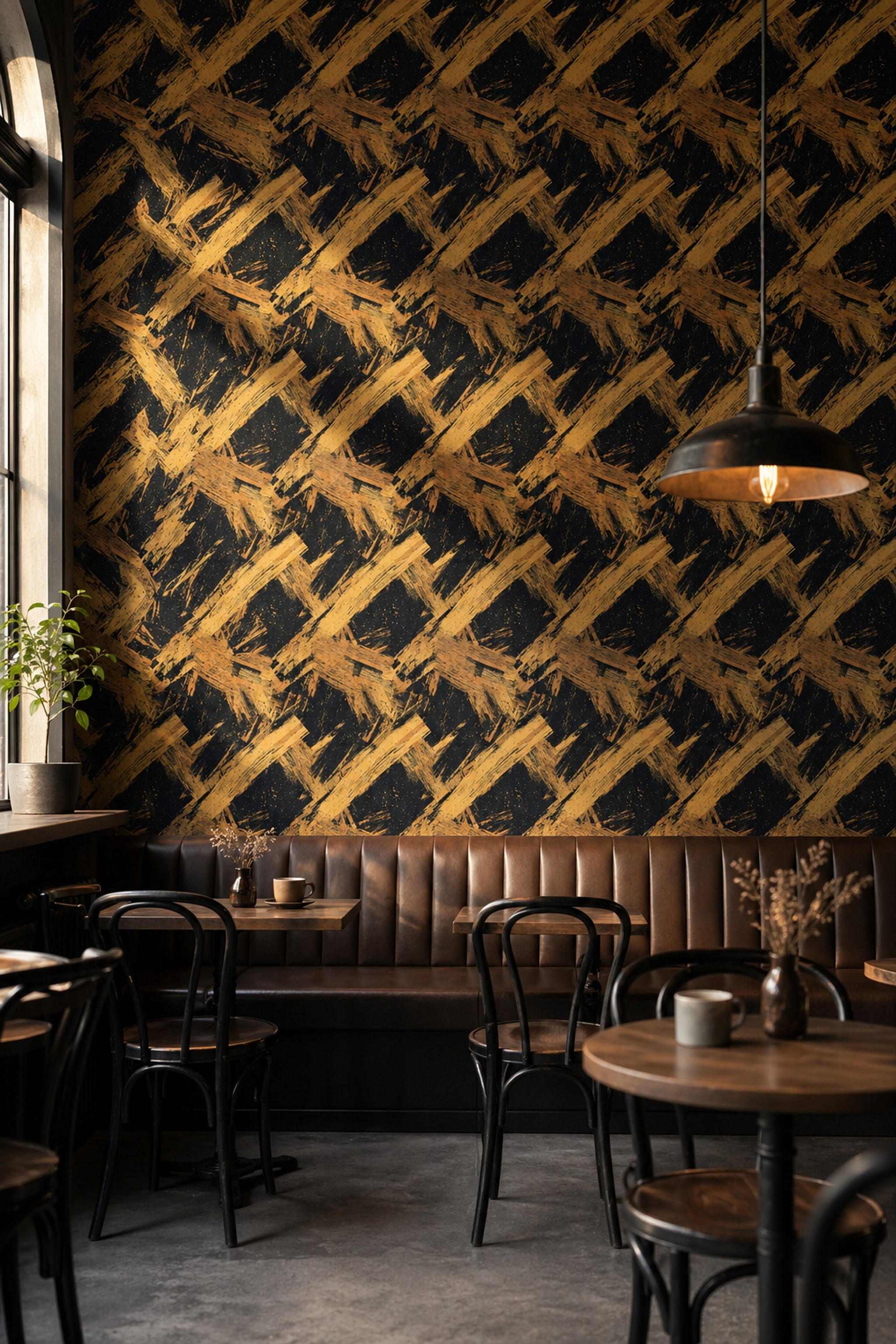 Siyah Altın Fırça Desenli Duvar Kağıdı Modern Salon