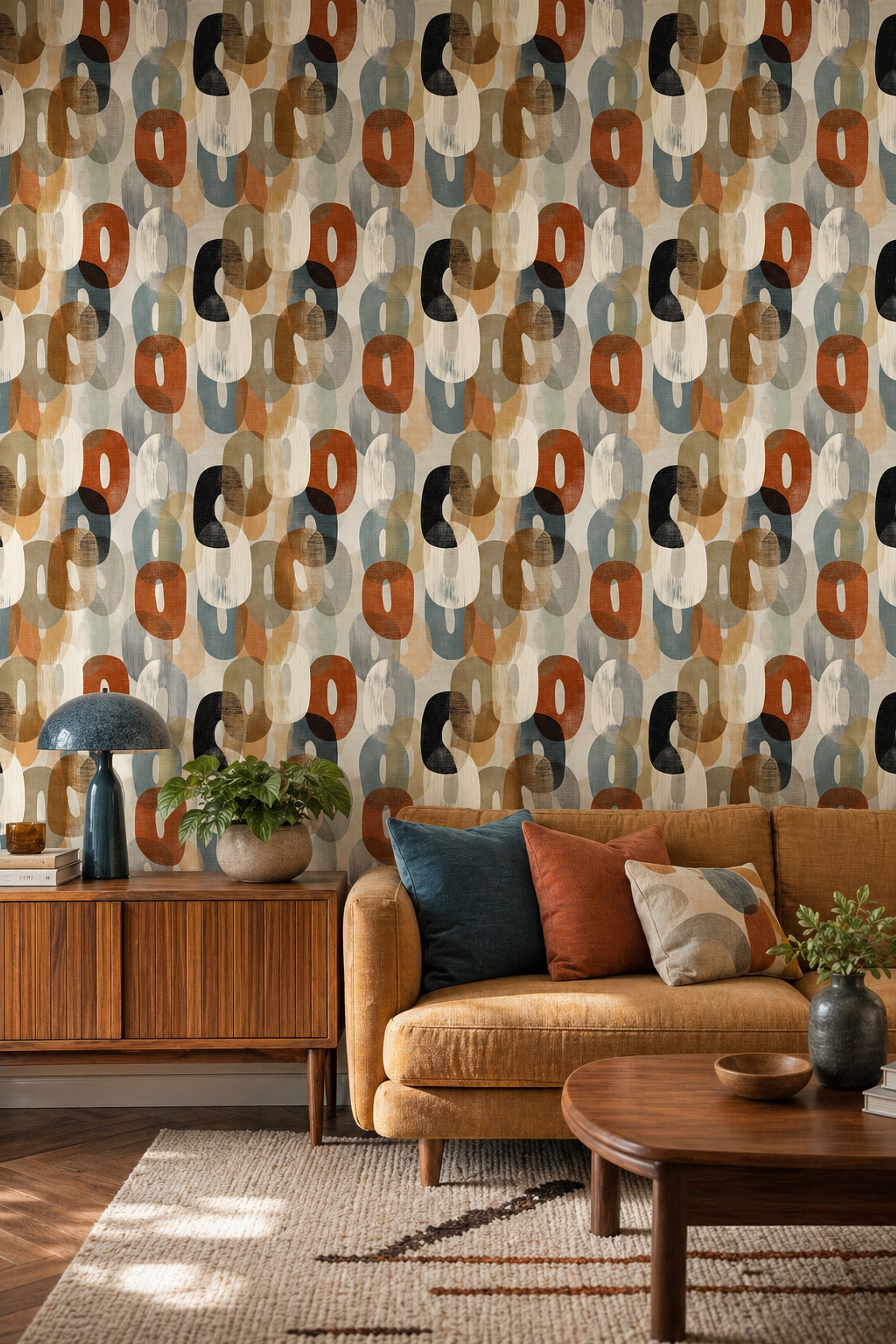 Retro Geometrik Duvar Kağıdı Kiremit ve Krem Salon