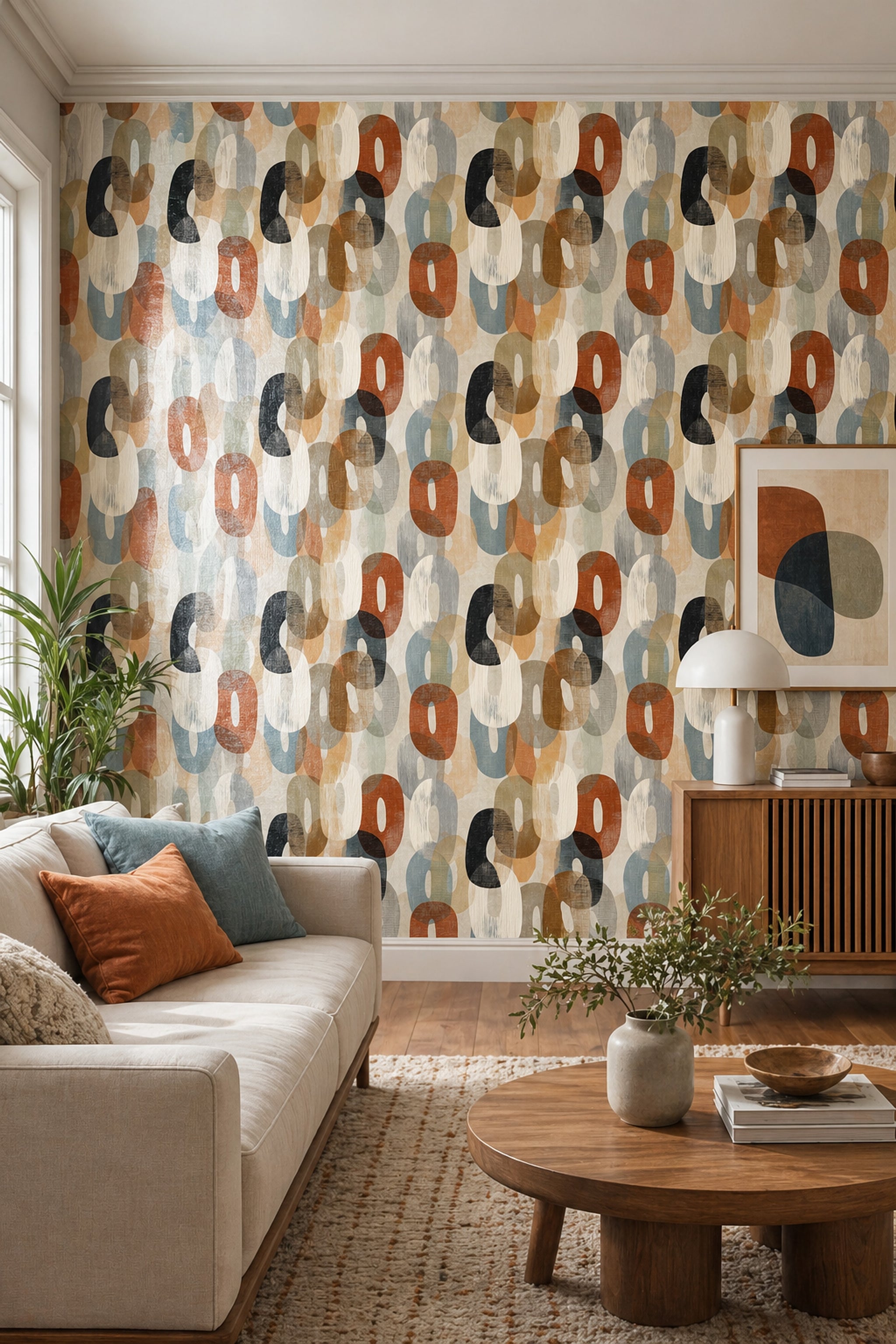 Retro Geometrik Duvar Kağıdı Kiremit ve Krem Salon