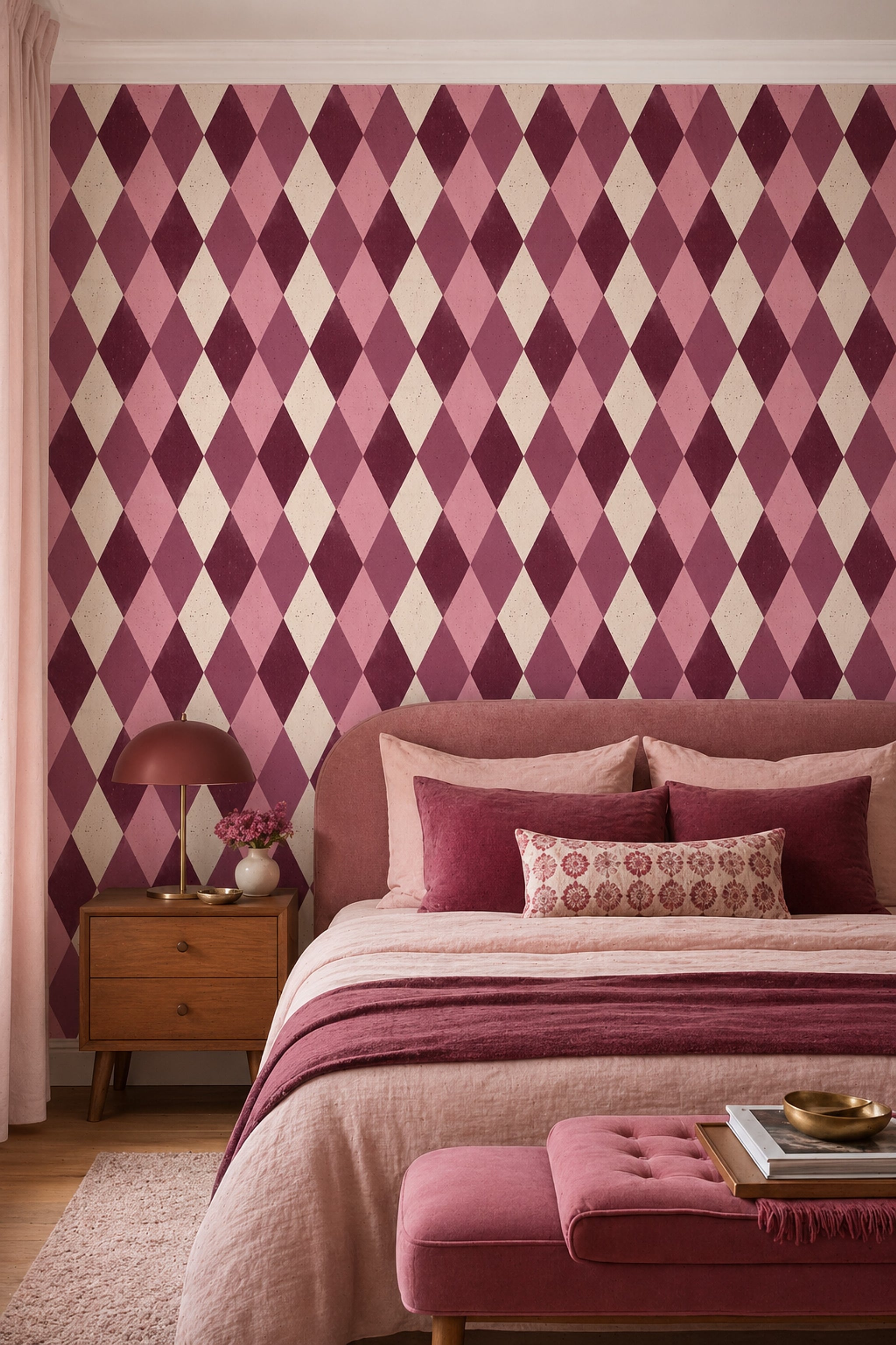 Baklava Desenli Duvar Kağıdı Bordo Pembe Geometrik Salon