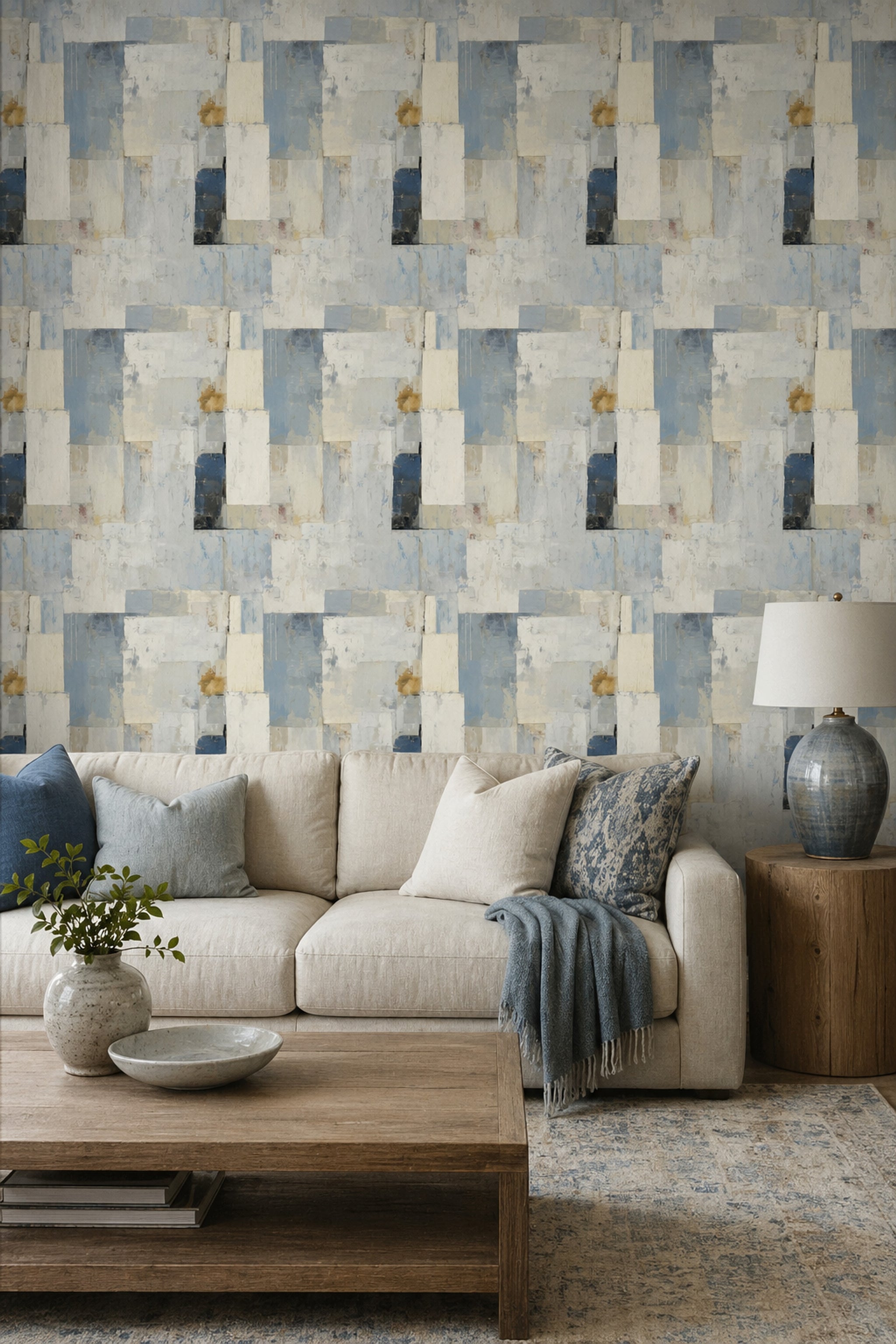 Soyut Geometrik Duvar Kağıdı Mavi Krem Modern Salon