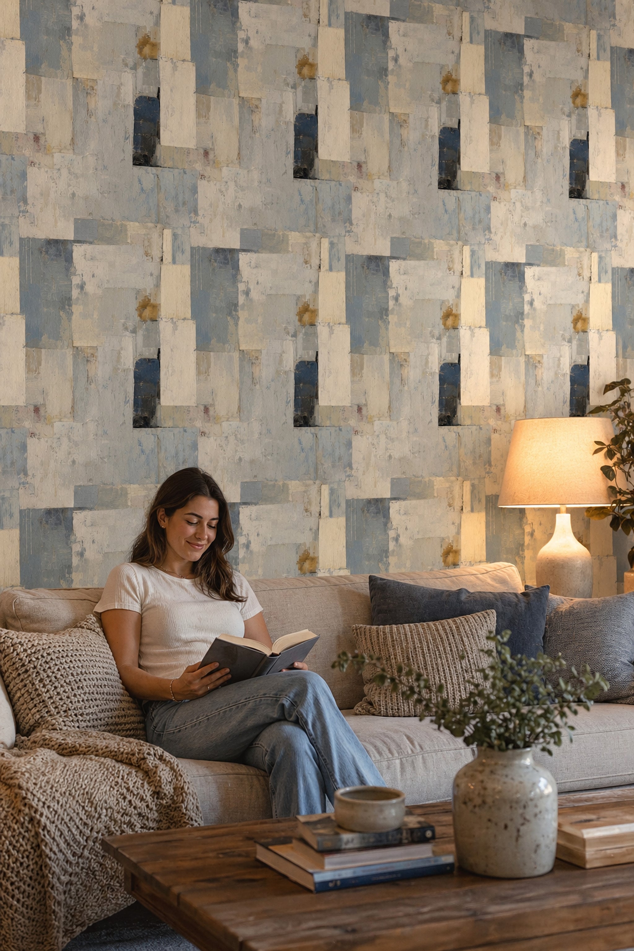 Soyut Geometrik Duvar Kağıdı Mavi Krem Modern Salon