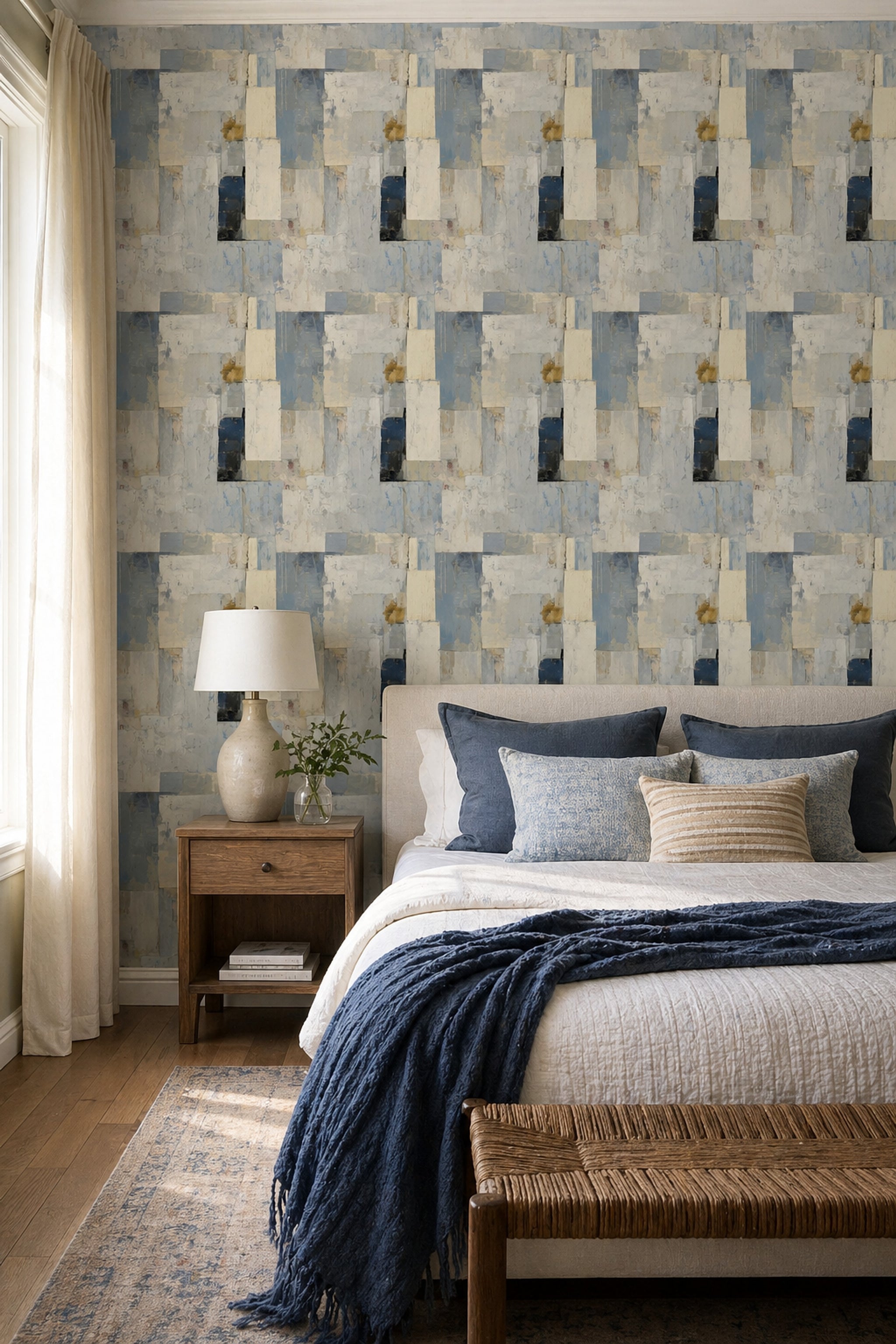 Soyut Geometrik Duvar Kağıdı Mavi Krem Modern Salon