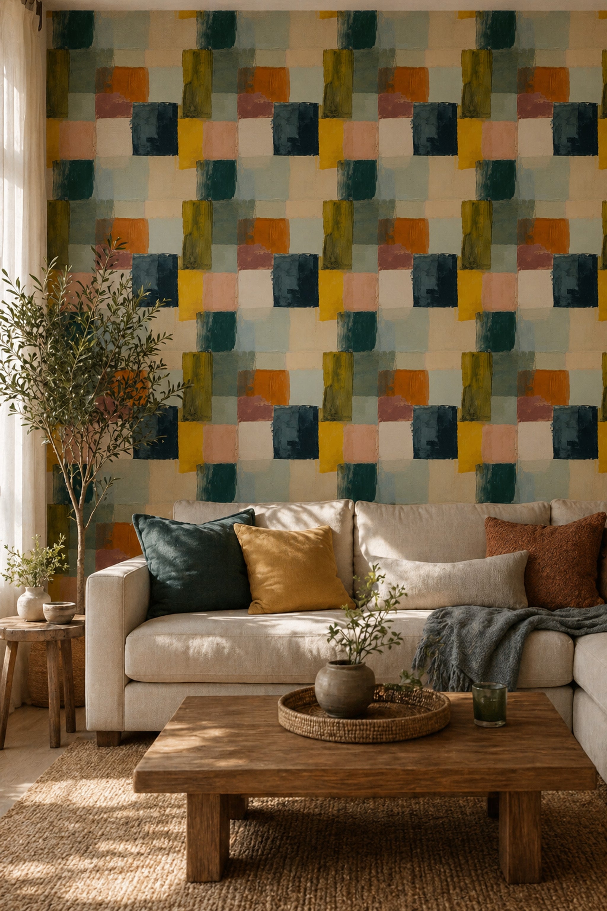 Renkli Geometrik Duvar Kağıdı Modern Kare Desenli Salon