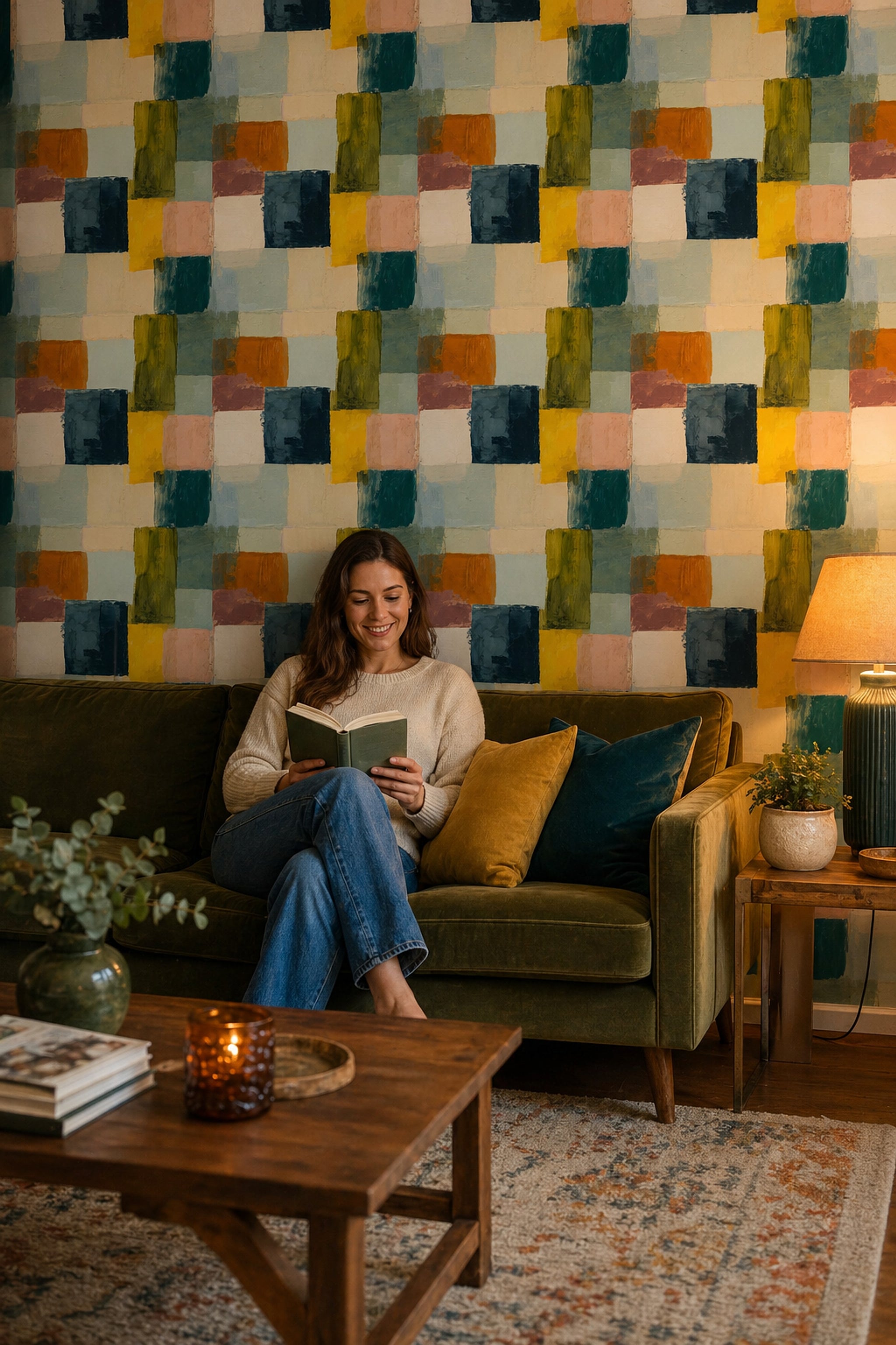 Renkli Geometrik Duvar Kağıdı Modern Kare Desenli Salon