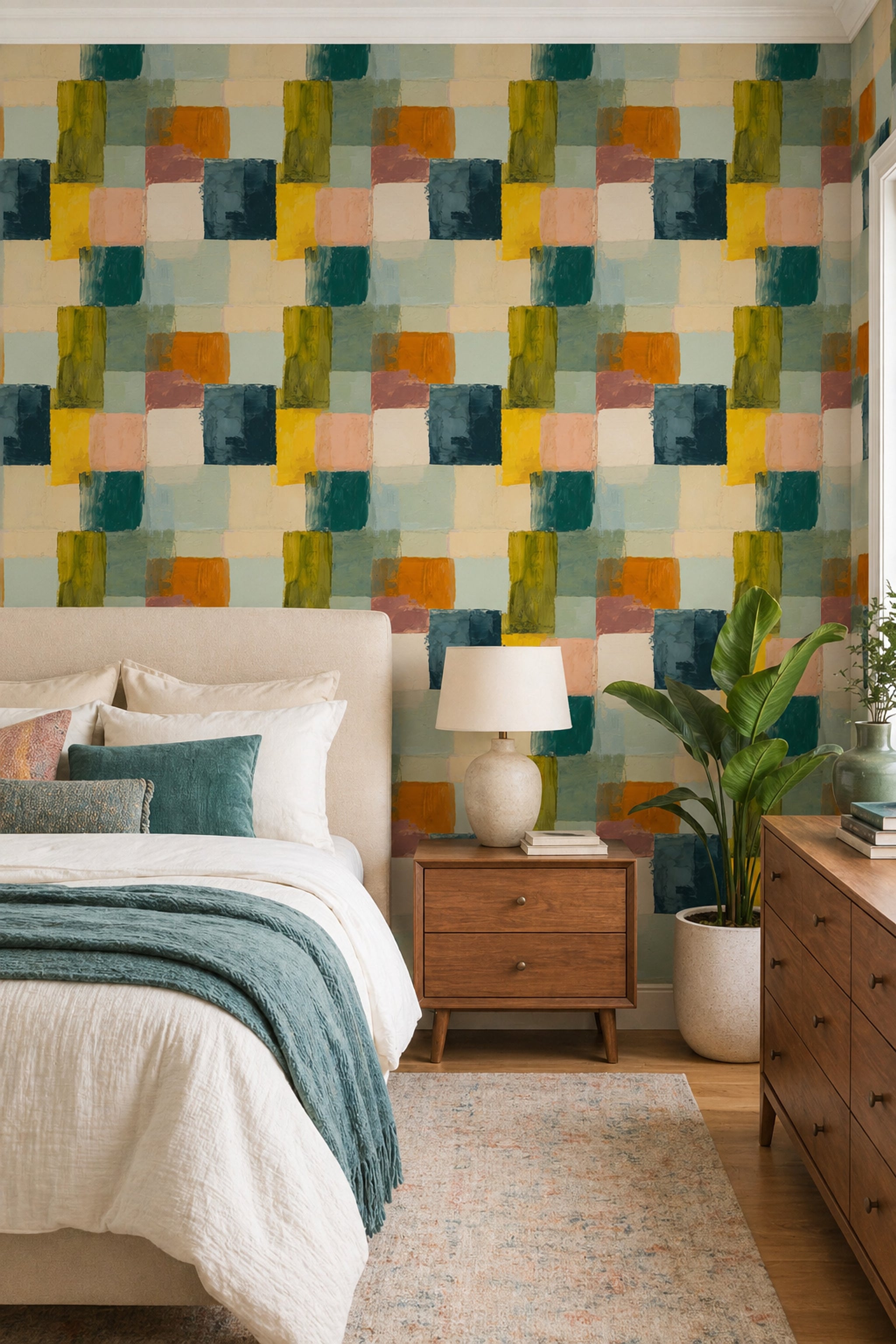 Renkli Geometrik Duvar Kağıdı Modern Kare Desenli Salon